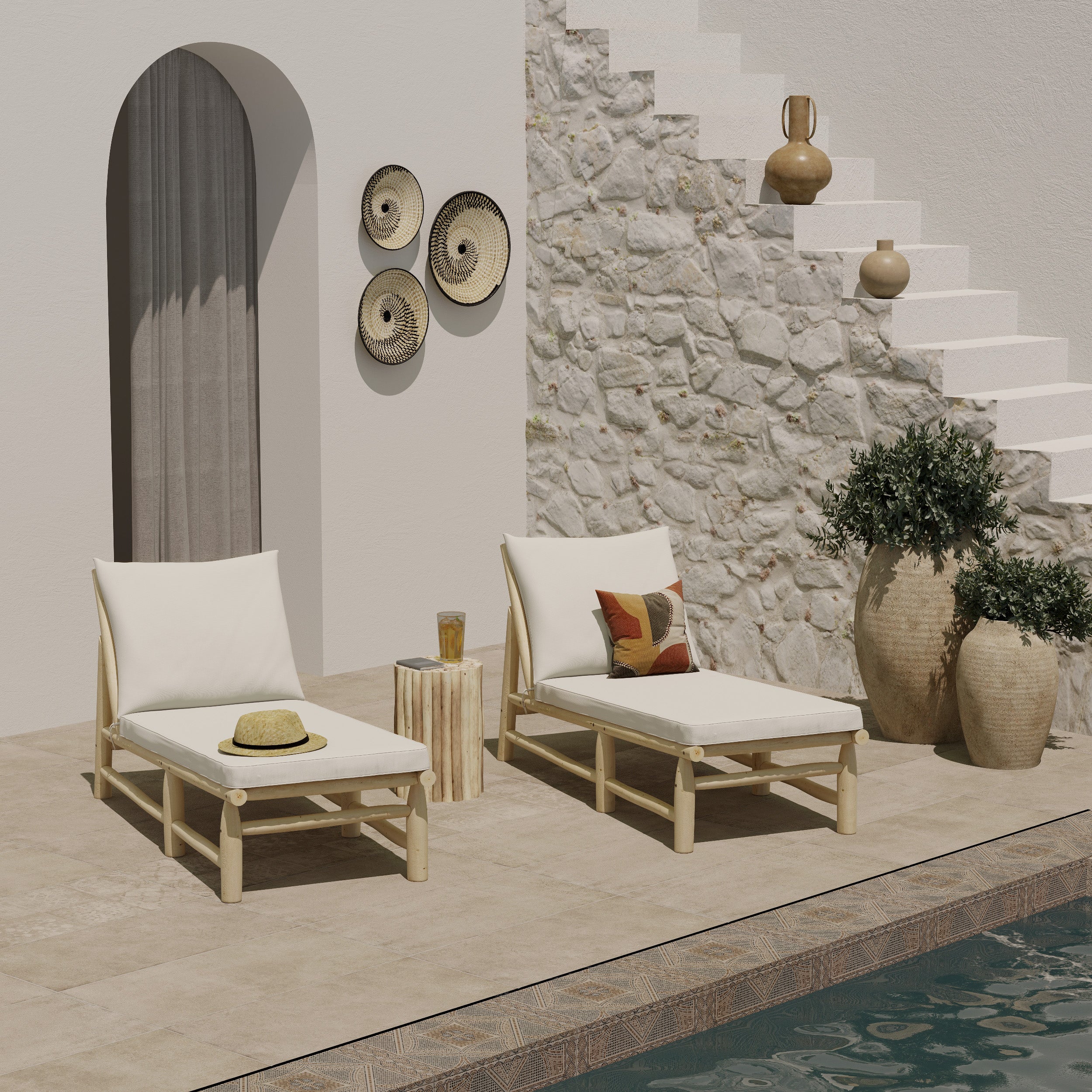 makam transat de jardin en branche de teck matelas blanc casse ambiance