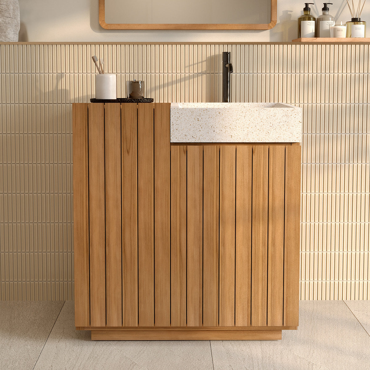 meuble de salle de bain vasque terrazzo et bois
