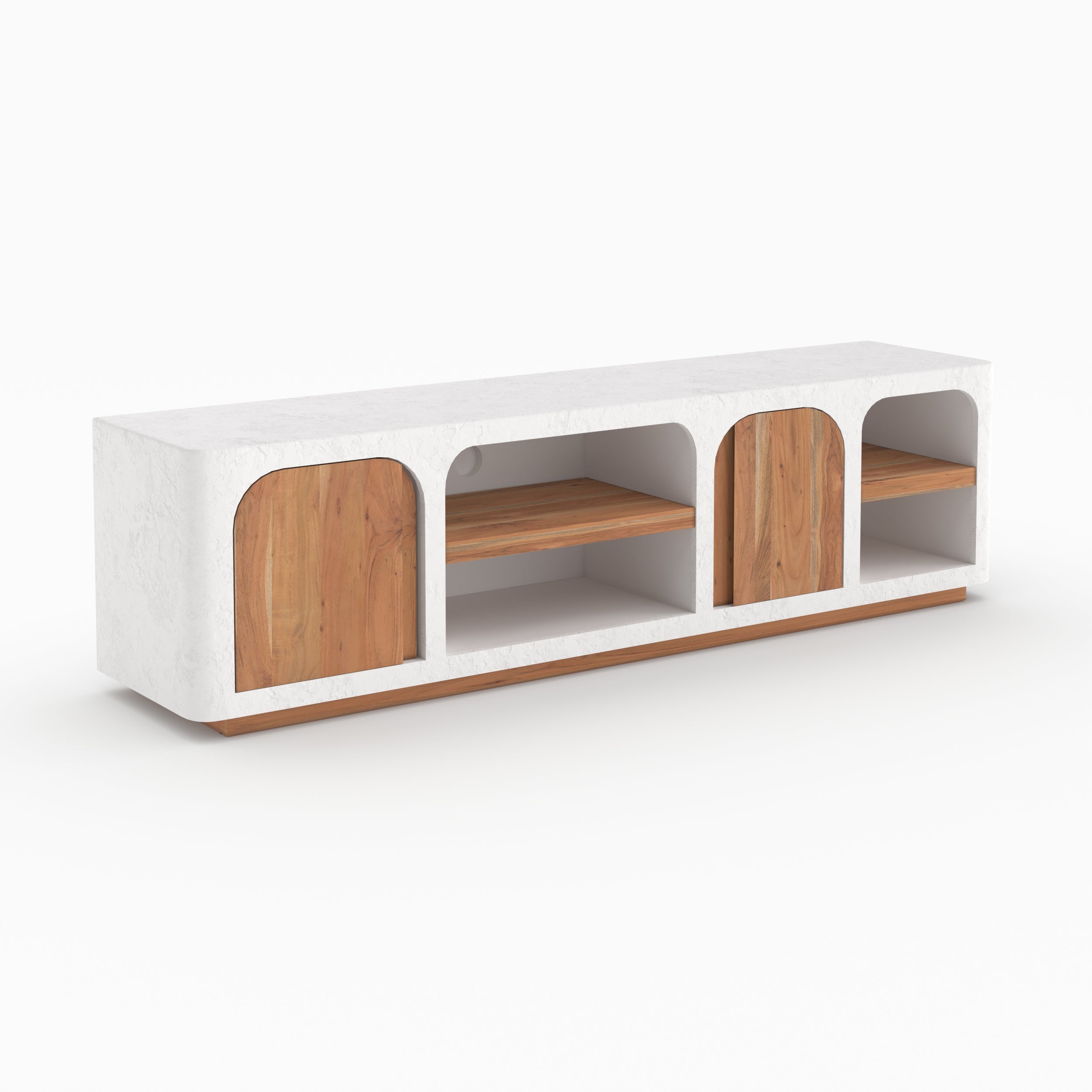 Meuble rangement tv Fira blanc ivoire plâtre arches acacia perspective 3d intérieur
