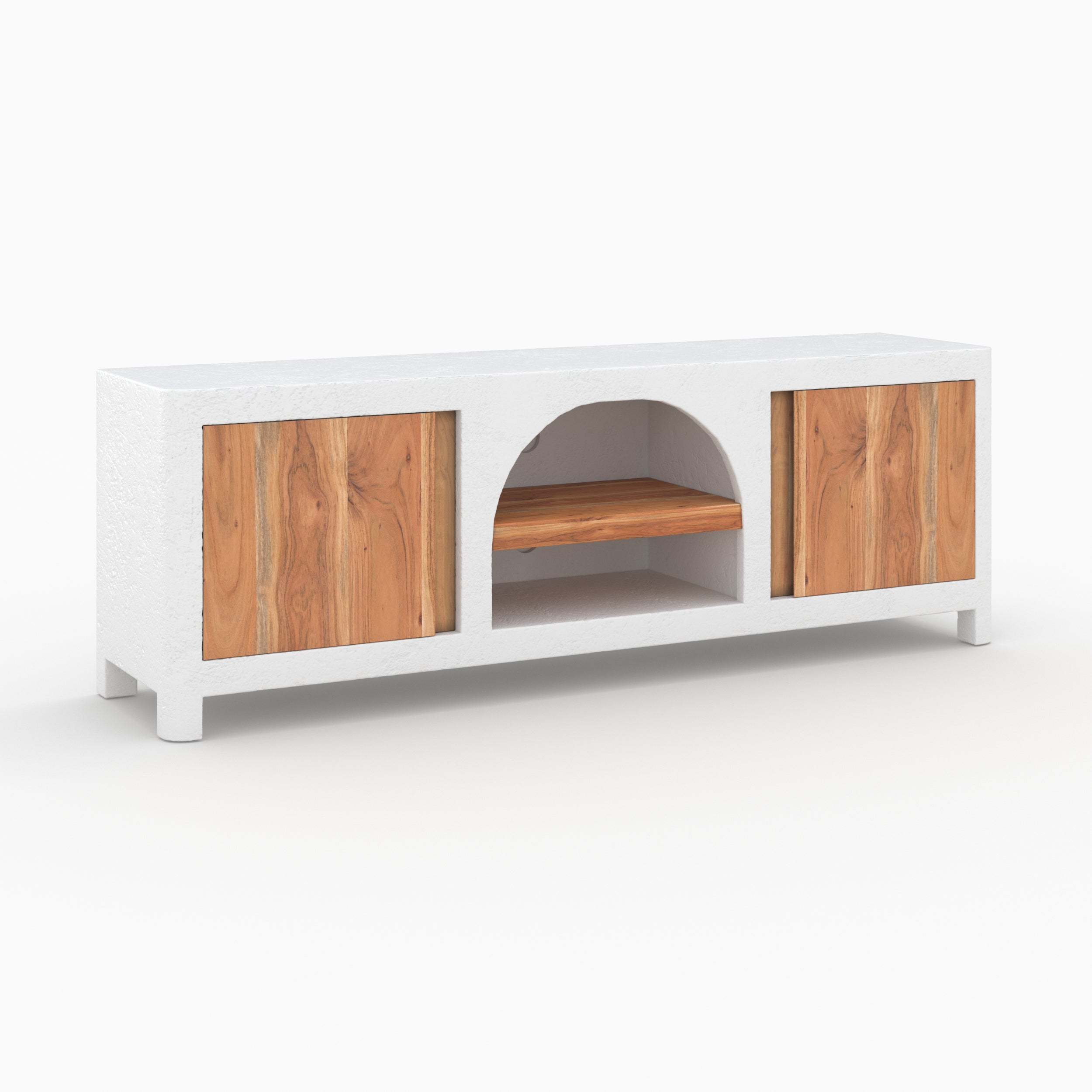 meuble tv fira en bois d acacia et beton blanc casse