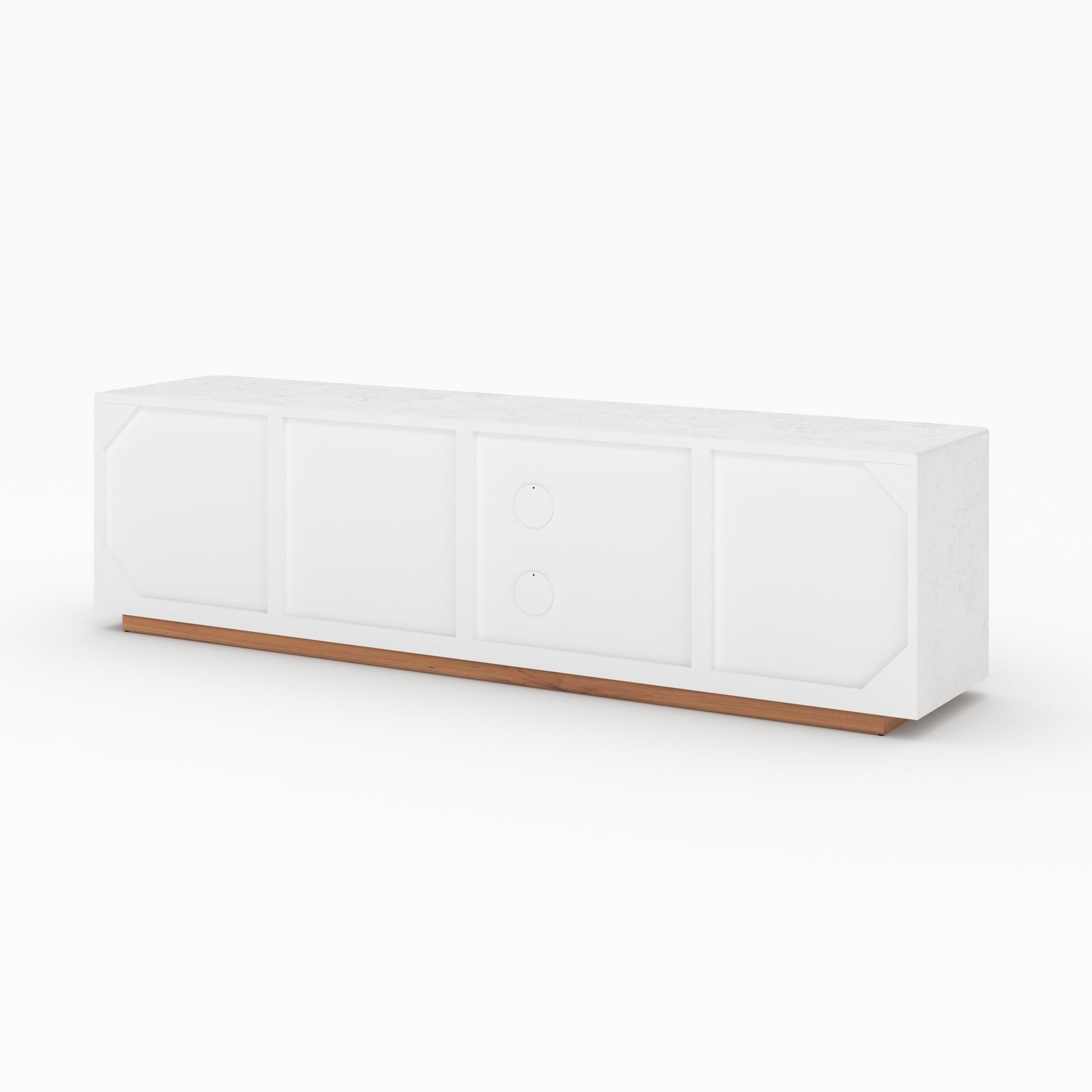 Meuble tv Fira plâtre blanc cassé 180cm portes acacia arche grecque vue côté