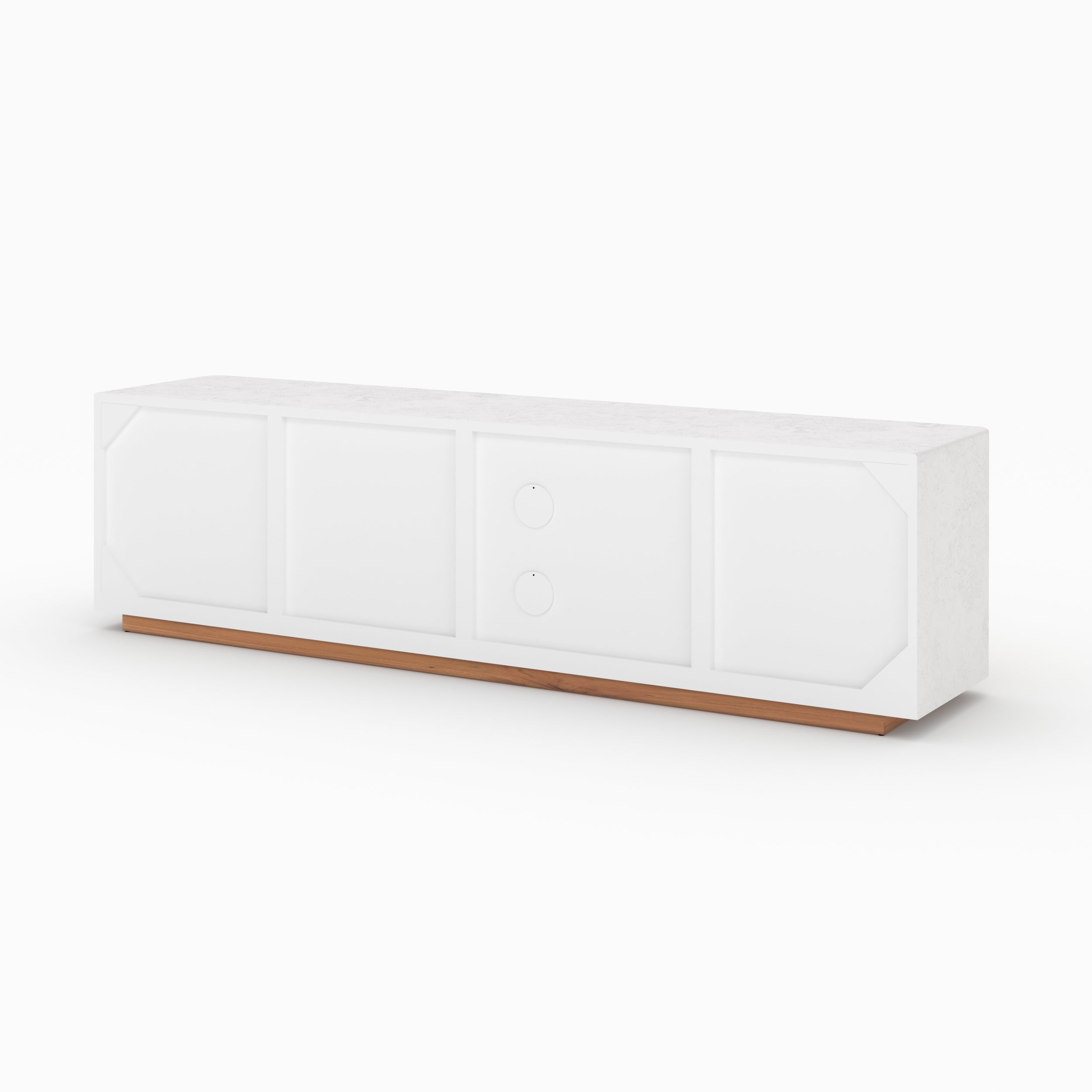 Meuble tv Fira plâtre blanc cassé 180cm portes acacia arche grecque vue côté