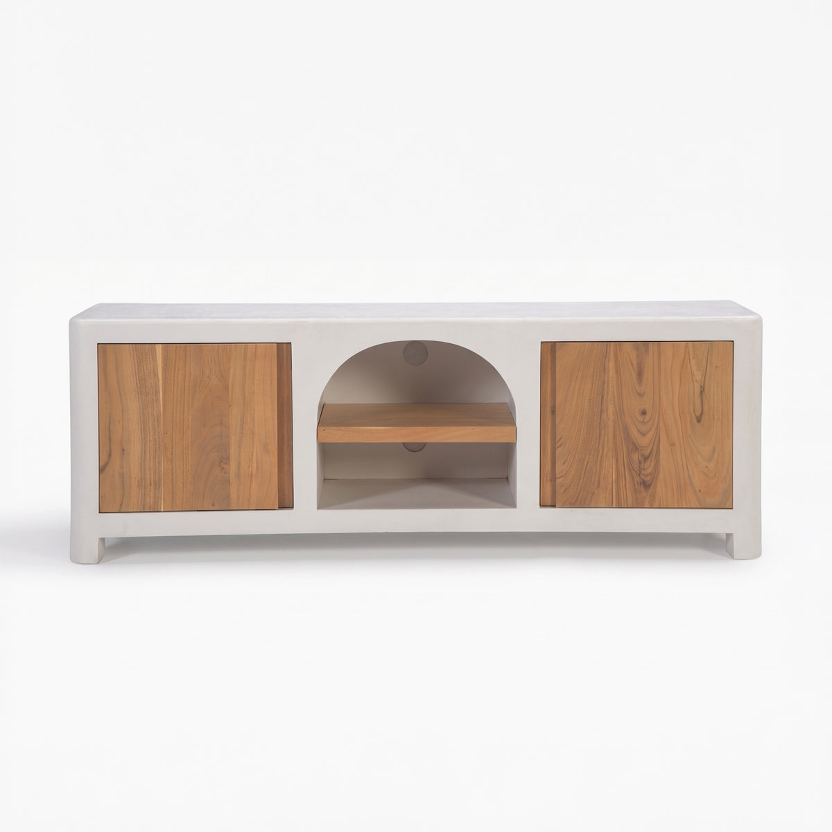 Meuble TV Fira en plâtre blanc cassé et bois d'acacia - Maison Pavane