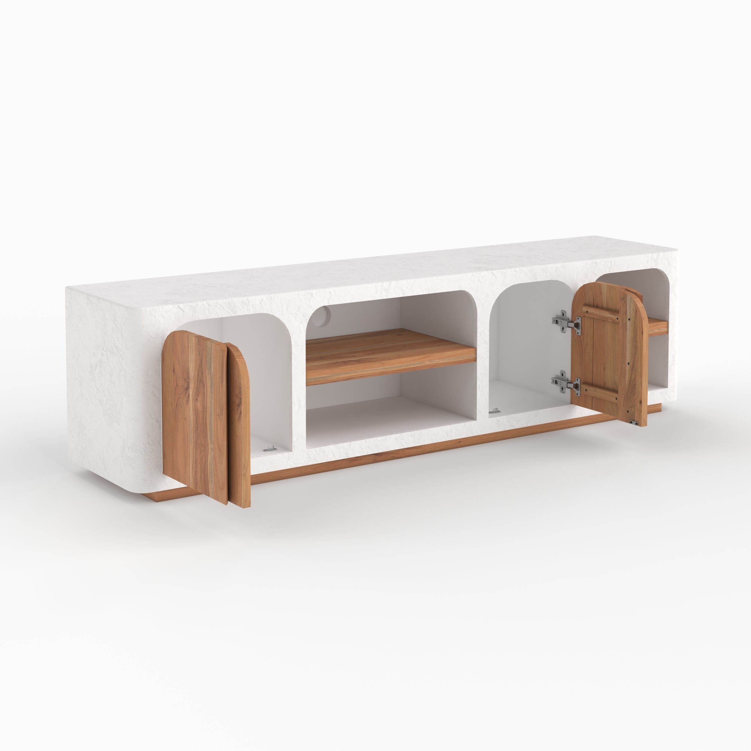 Meuble tv Fira plâtre blanc cassé portes acacia ouvertes étagères design grec