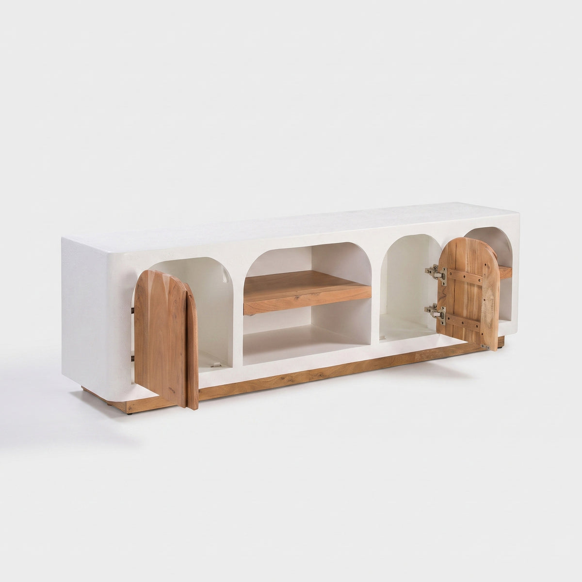 Meuble TV Fira en plâtre blanc cassé, vue trois-quarts portes ouvertes - Maison Pavane