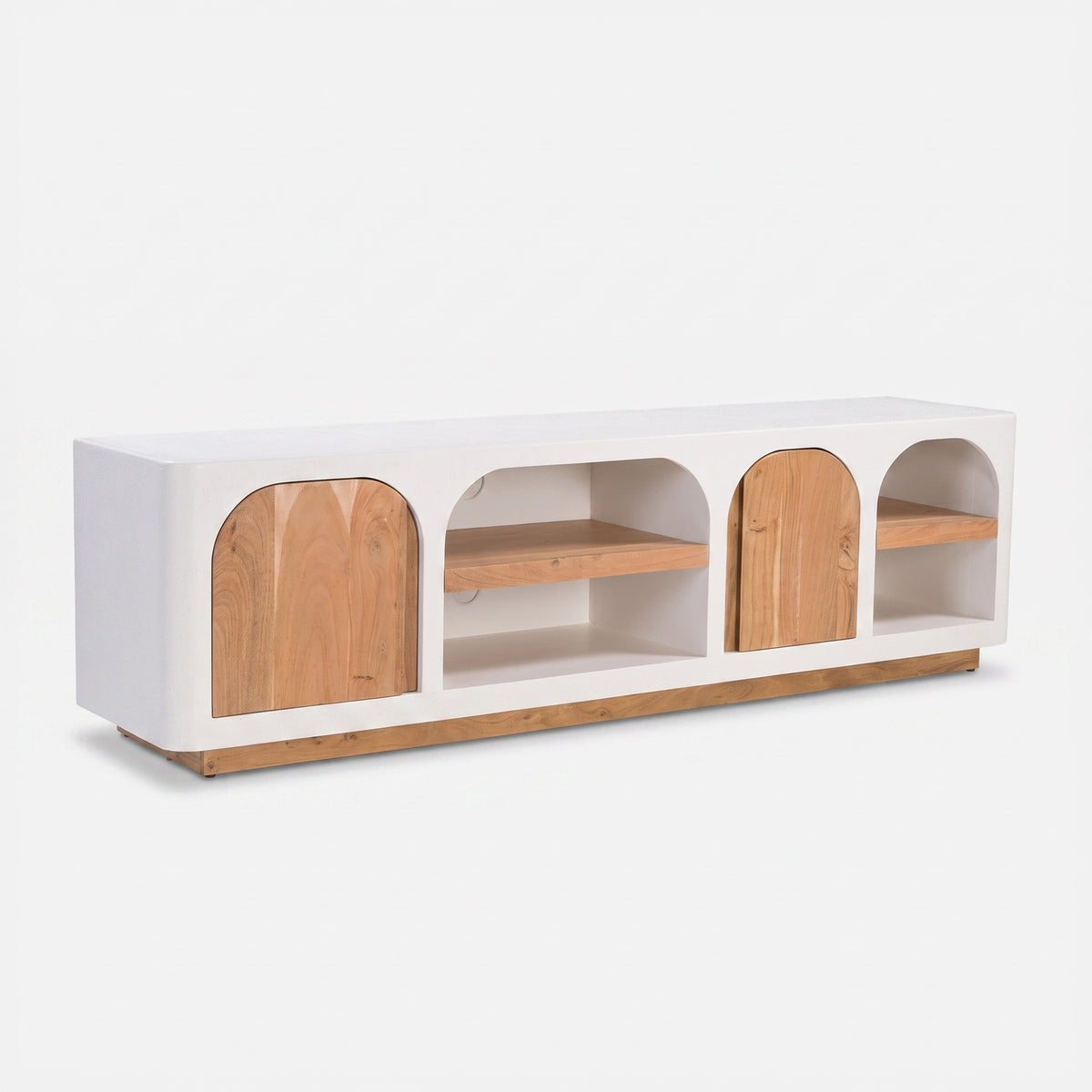 Meuble TV Fira en plâtre blanc cassé, vue trois-quarts - Maison Pavane