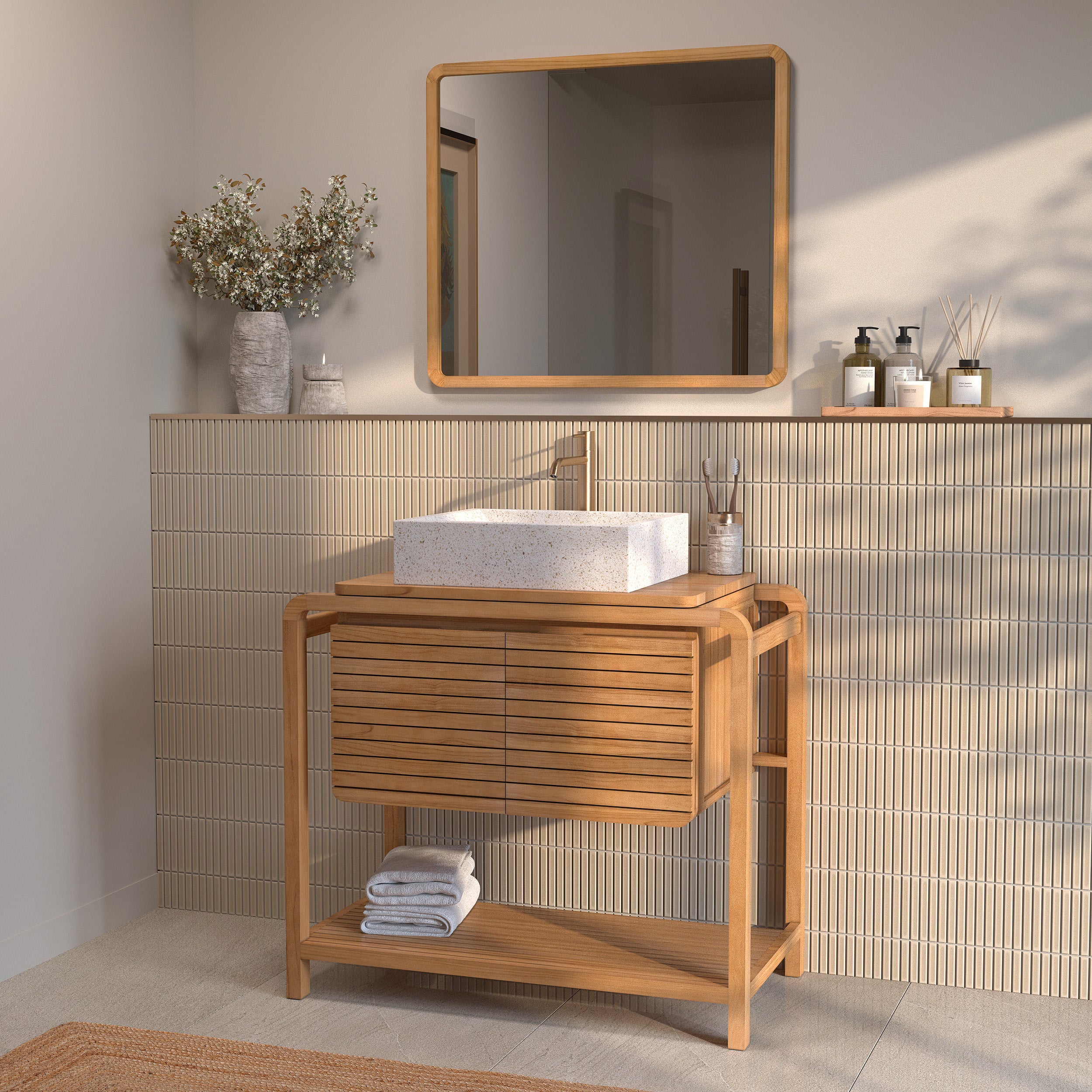 miroir salle de bain rectangulaire bois teck vea rdv deco