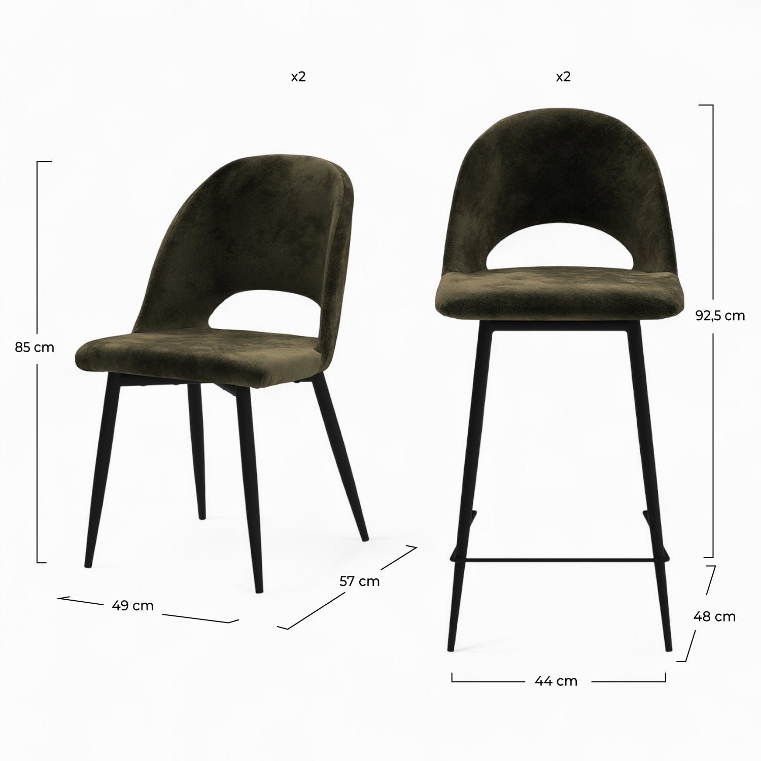 Arredamento Peneloppe velluto verde: 2 sedie, 2 sgabelli, 65 cm