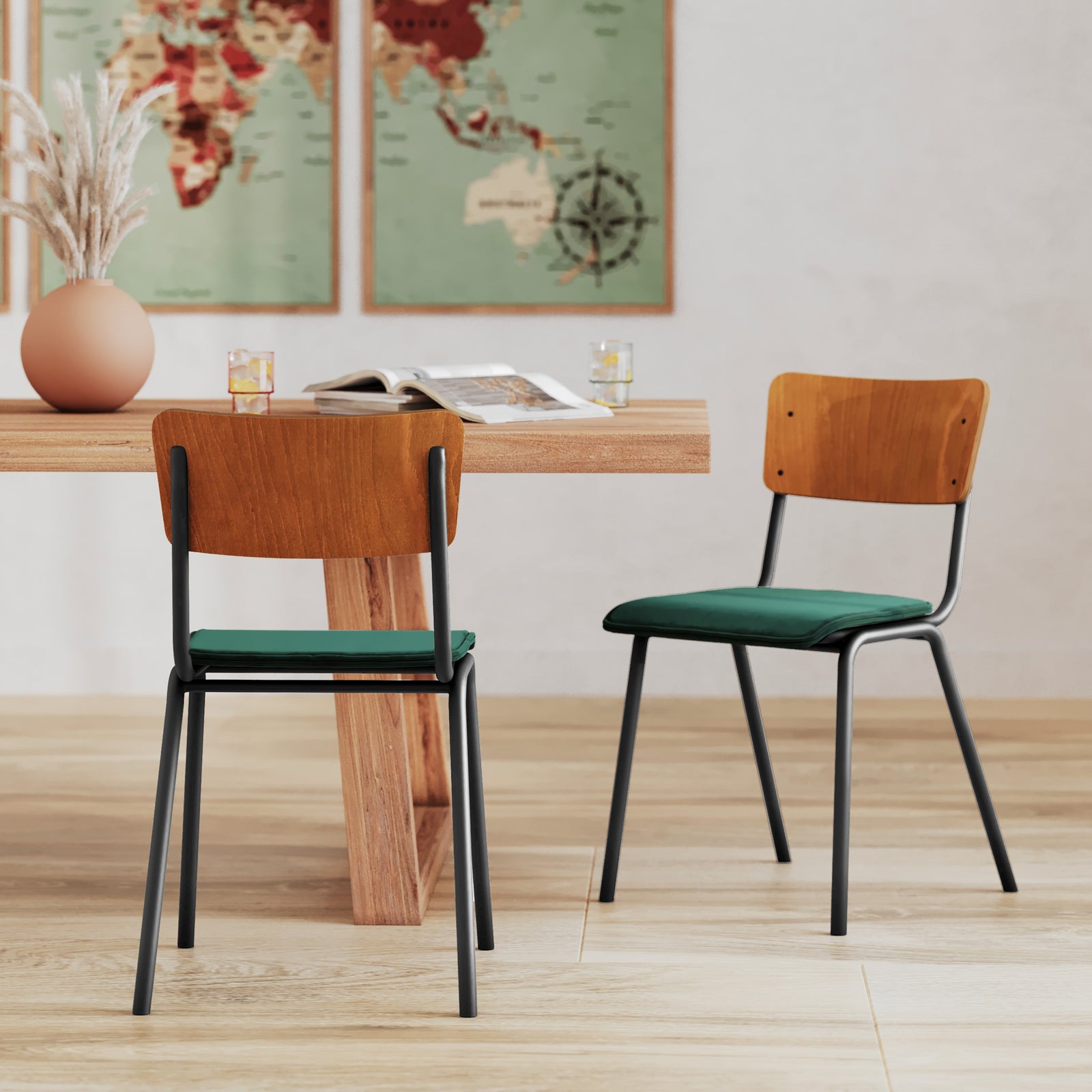nico chaise ecolier velours vert bois fonce