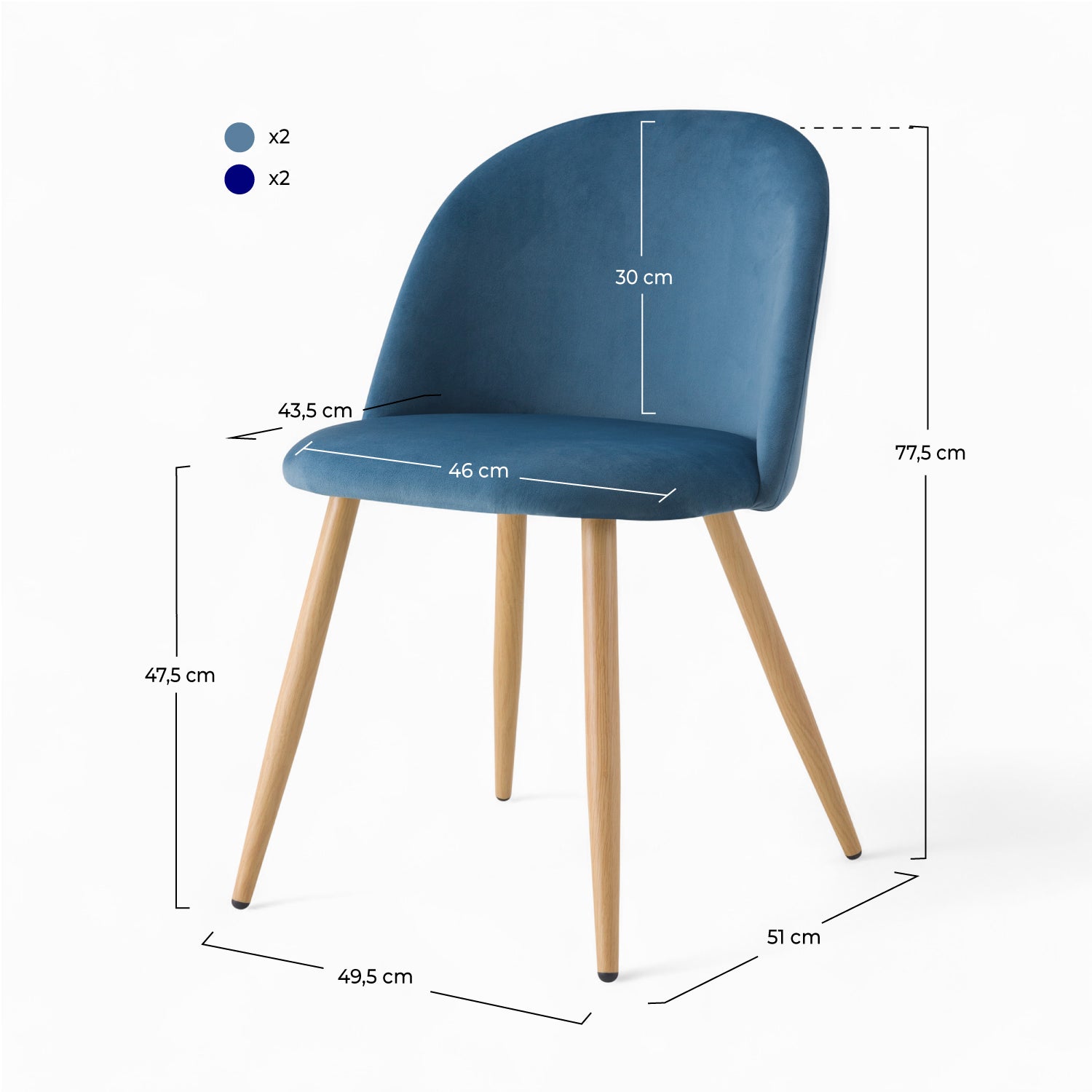 Pack di 4 sedie Cozy in velluto blu scuro e blu