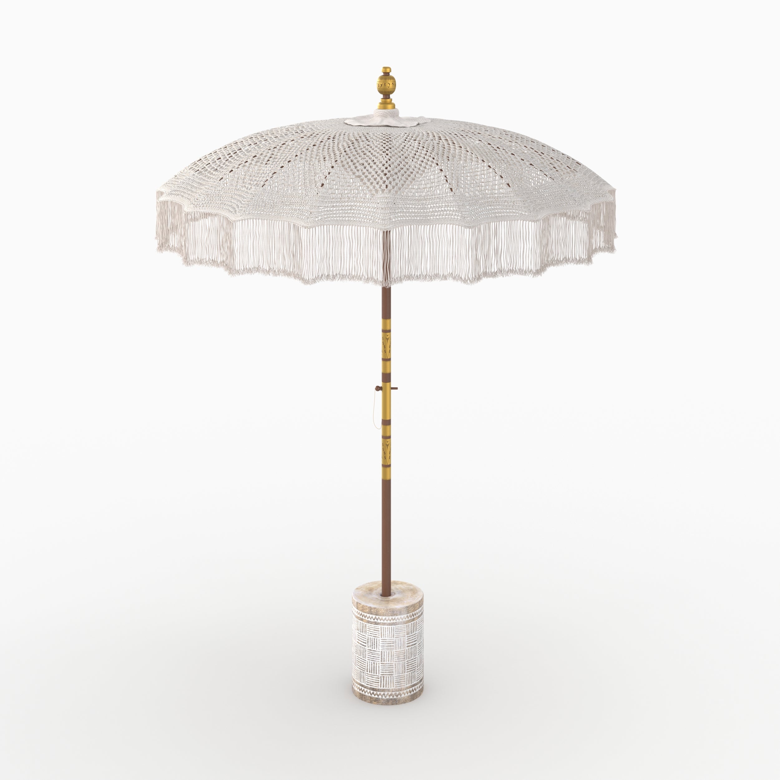 parasol di cotone macramè bianco con piede in legno marrone e incisioni bianche