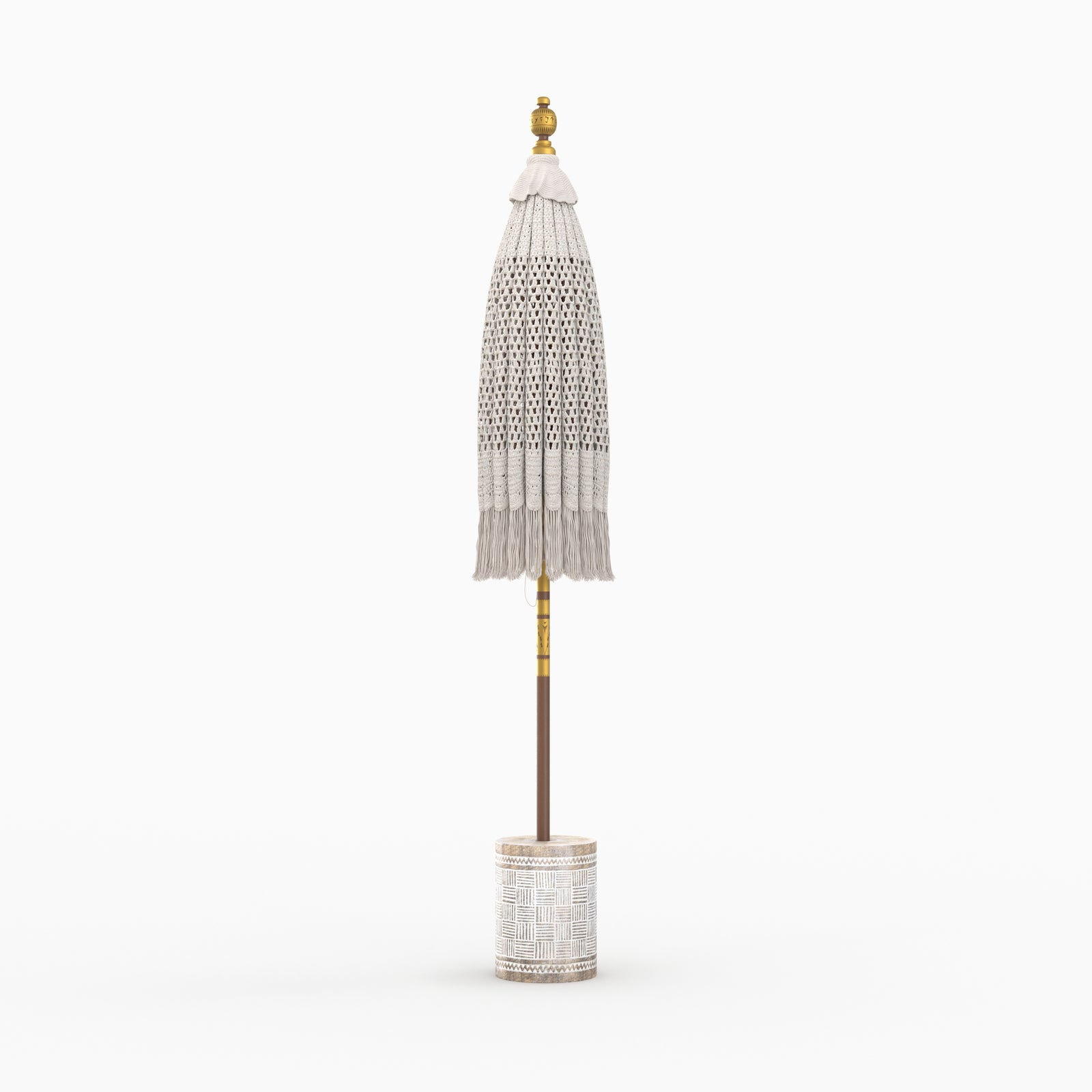 parasol coton macrame blanc pied bois suar marron gravures blanches