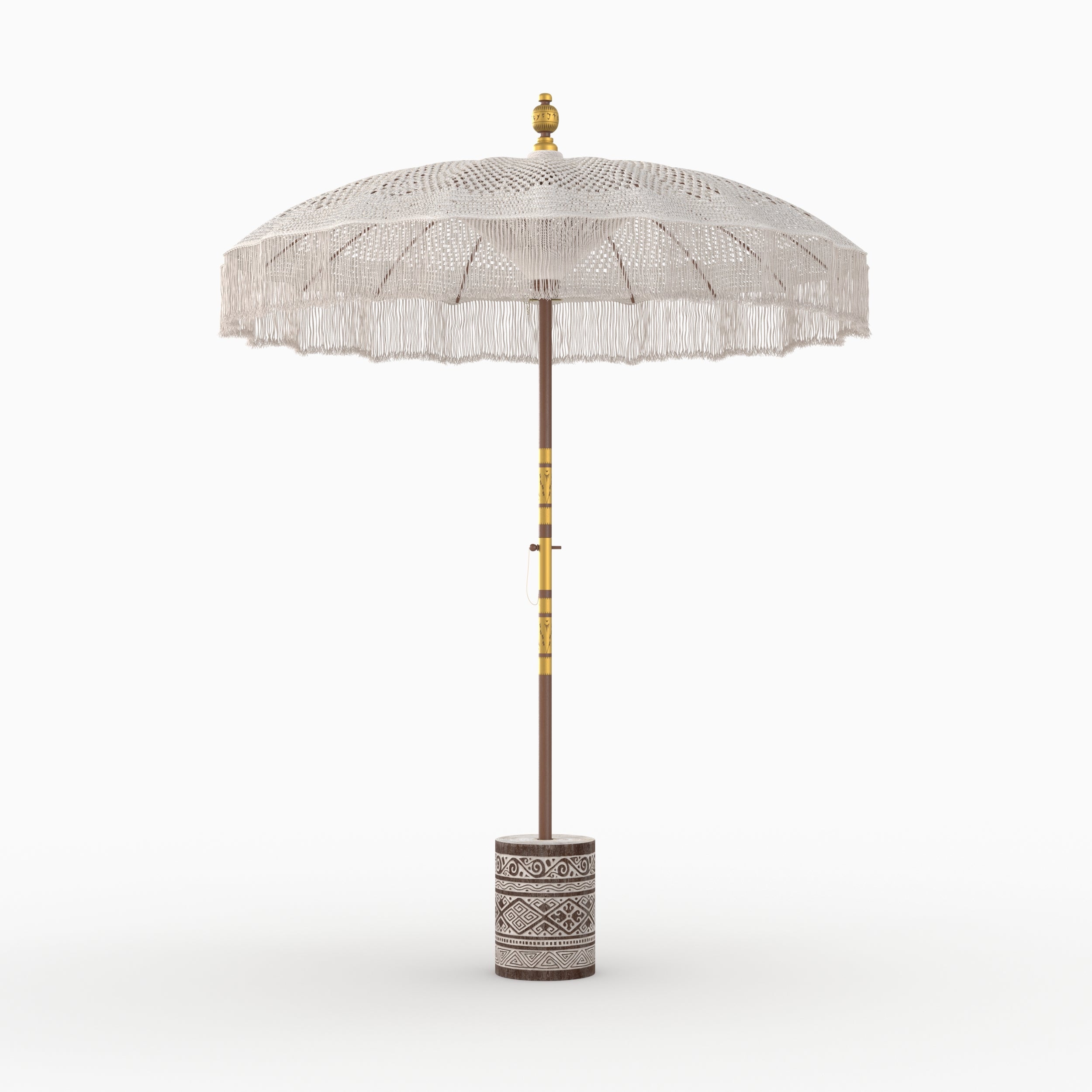 parasol en macrame et pied de parasol en bois de suar et gravures blanches fakele
