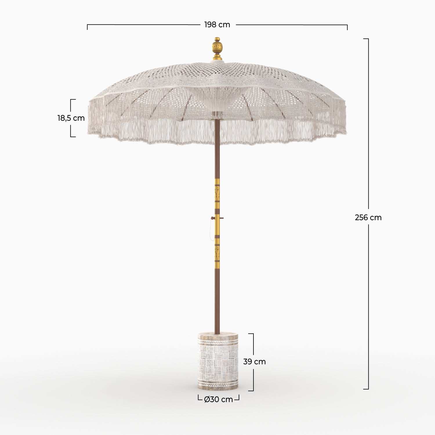 parasol e base per parasole in macramè bianco e marrone