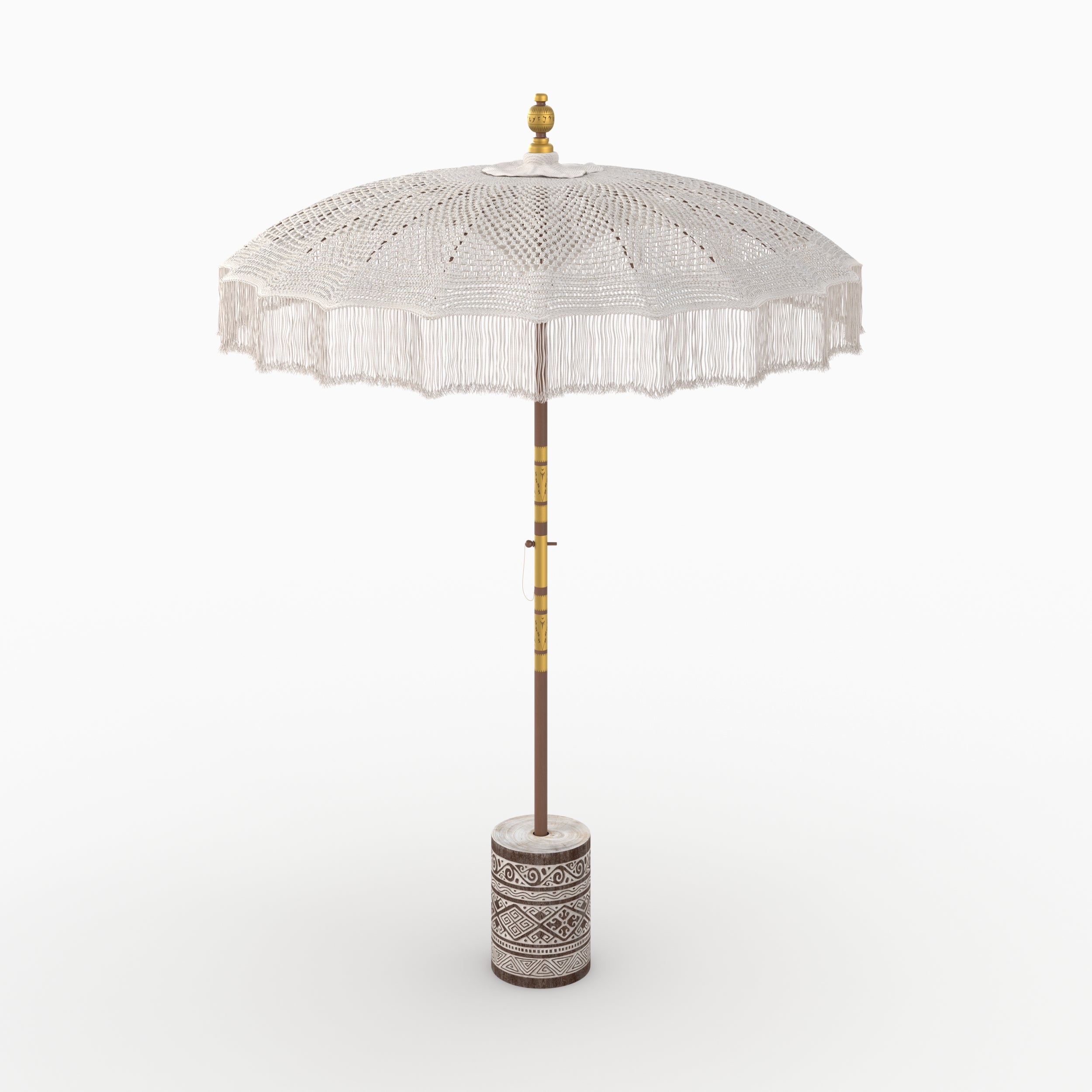 parasol in macramè con base in legno di suar e incisioni bianche