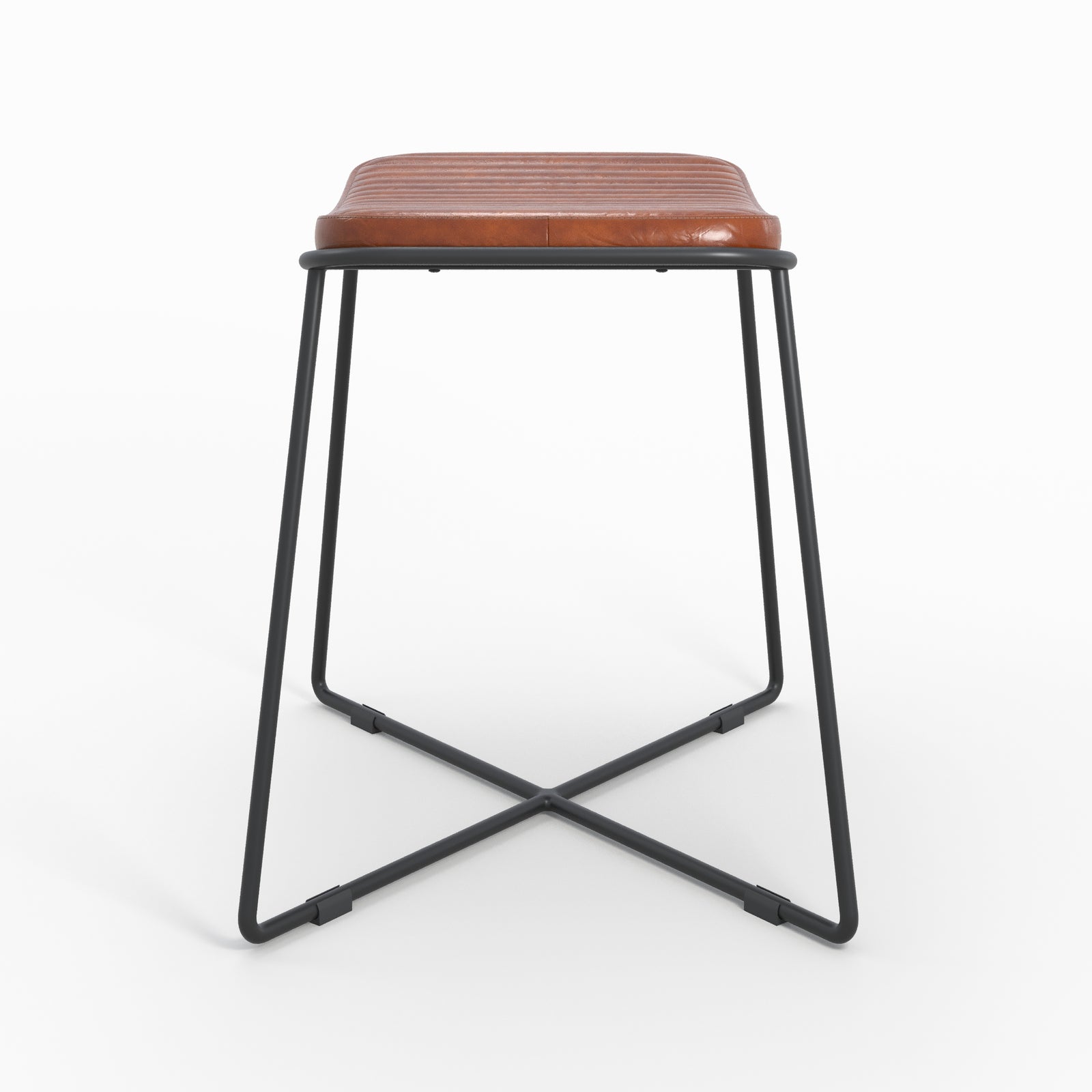 piccolo sgabello germano in pelle marrone con gambe nere