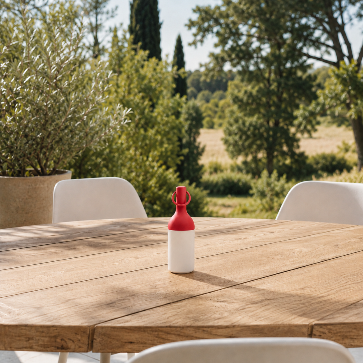 Petite lampe nomade Elo en plastique rouge, posée sur une table en bois d'une terrasse à la campagne