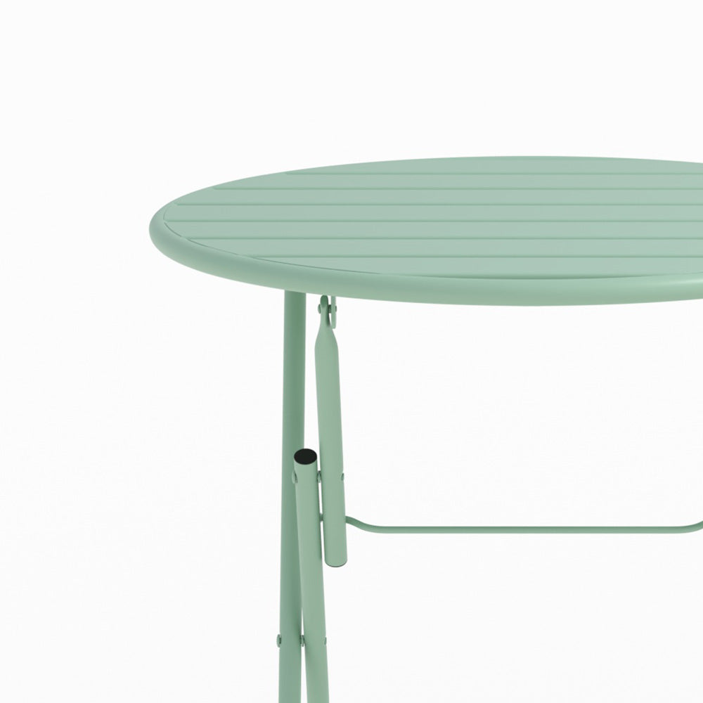 Photo de table de jardin Yumi ronde et pliante en métal vert clair 2 personnes