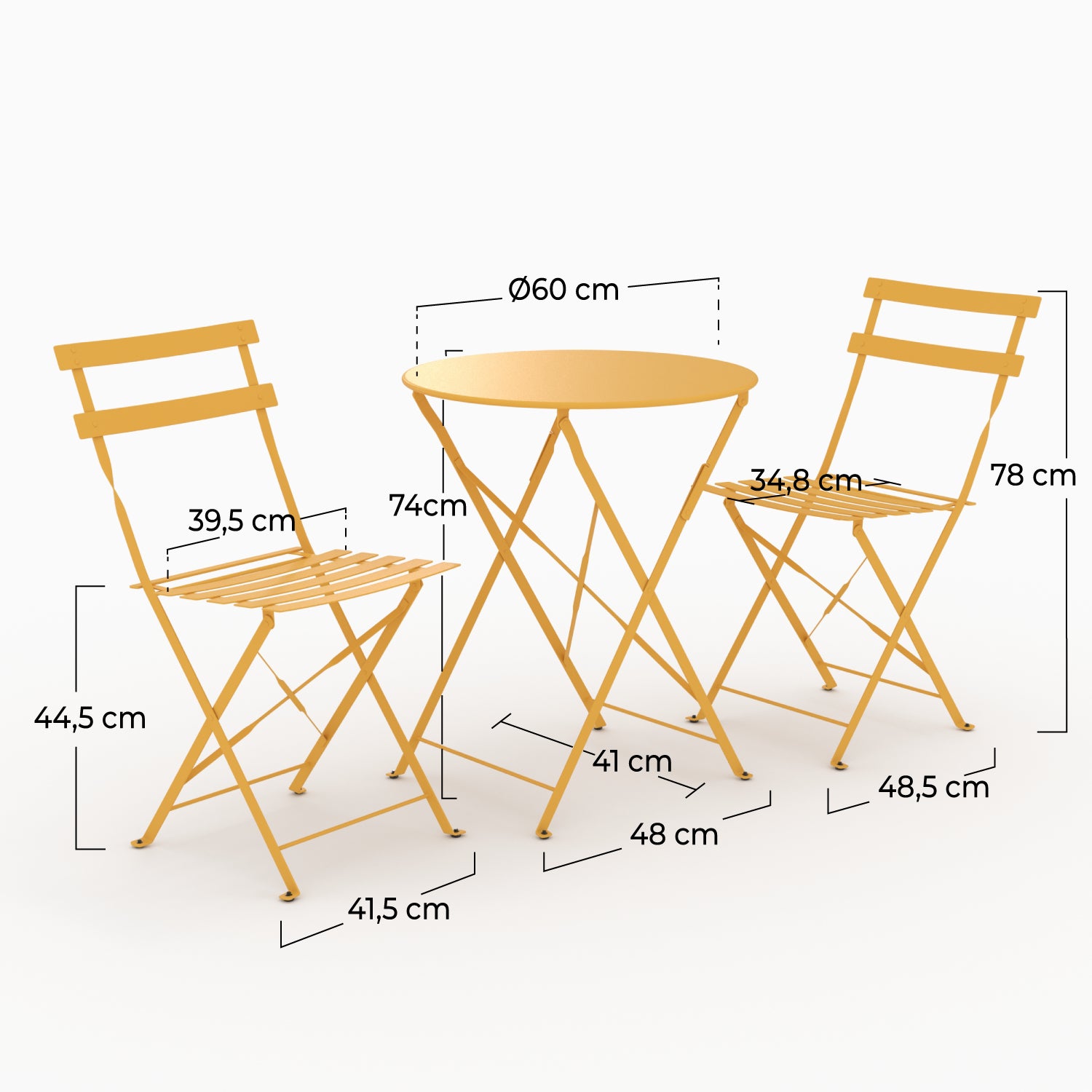 Photo de table ronde et chaises de jardin pliantes Kayla 2 places en métal jaune