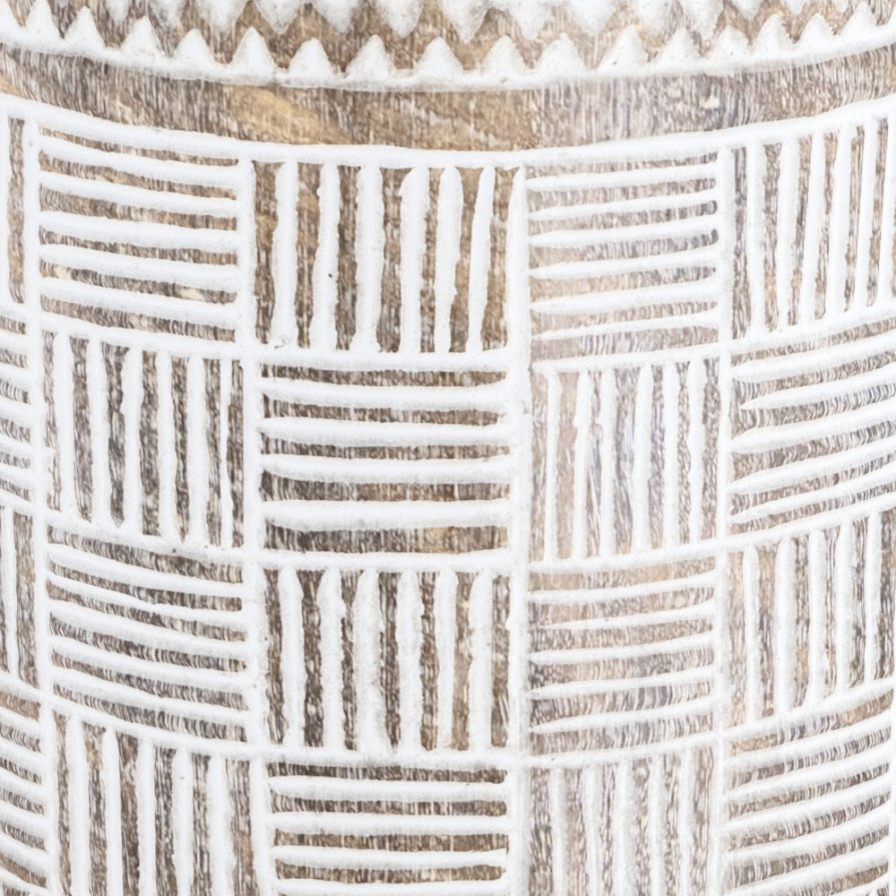 piede per ombrellone in legno di suar con incisioni bianche, stile Soka bohemien balinese