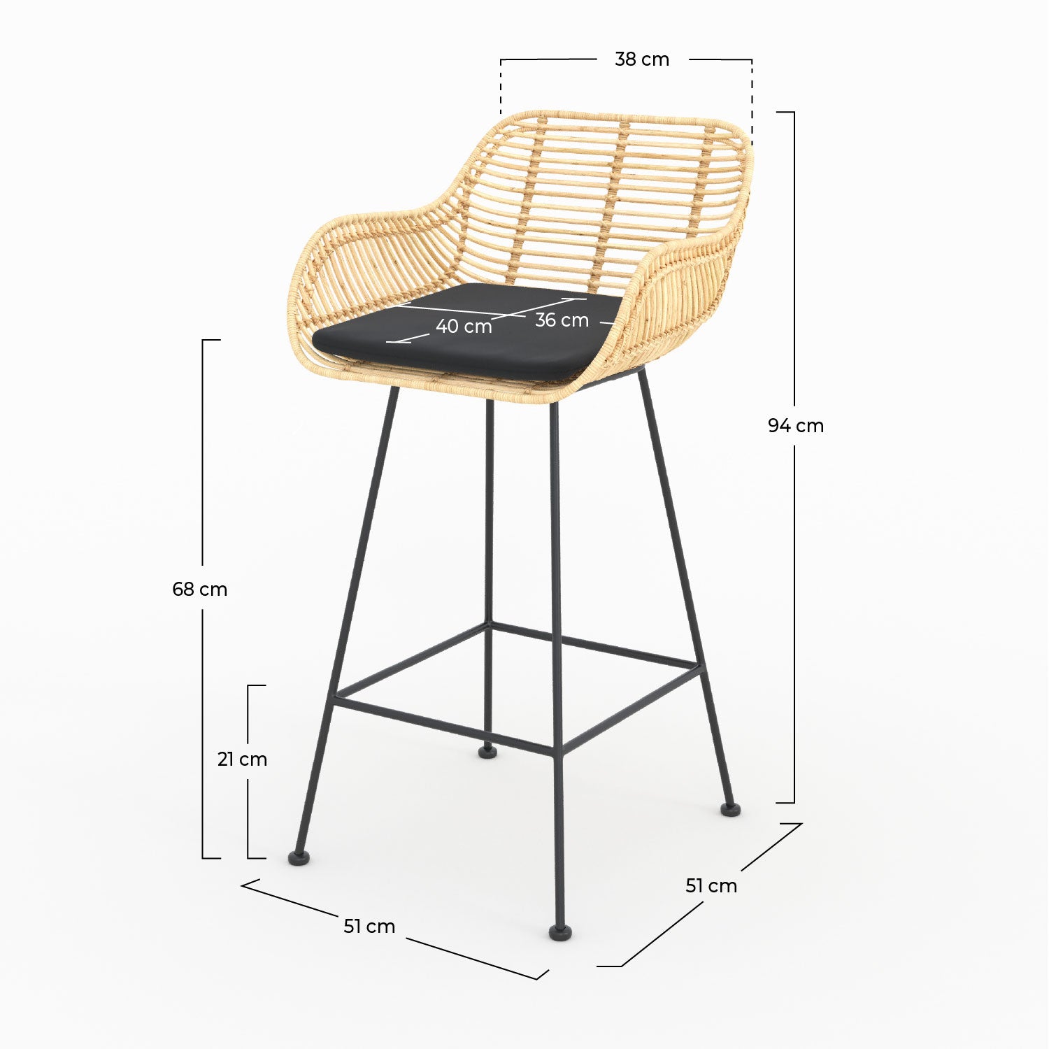 Pops lot 2 chaises ilot hauteur 66cm rotin tissu