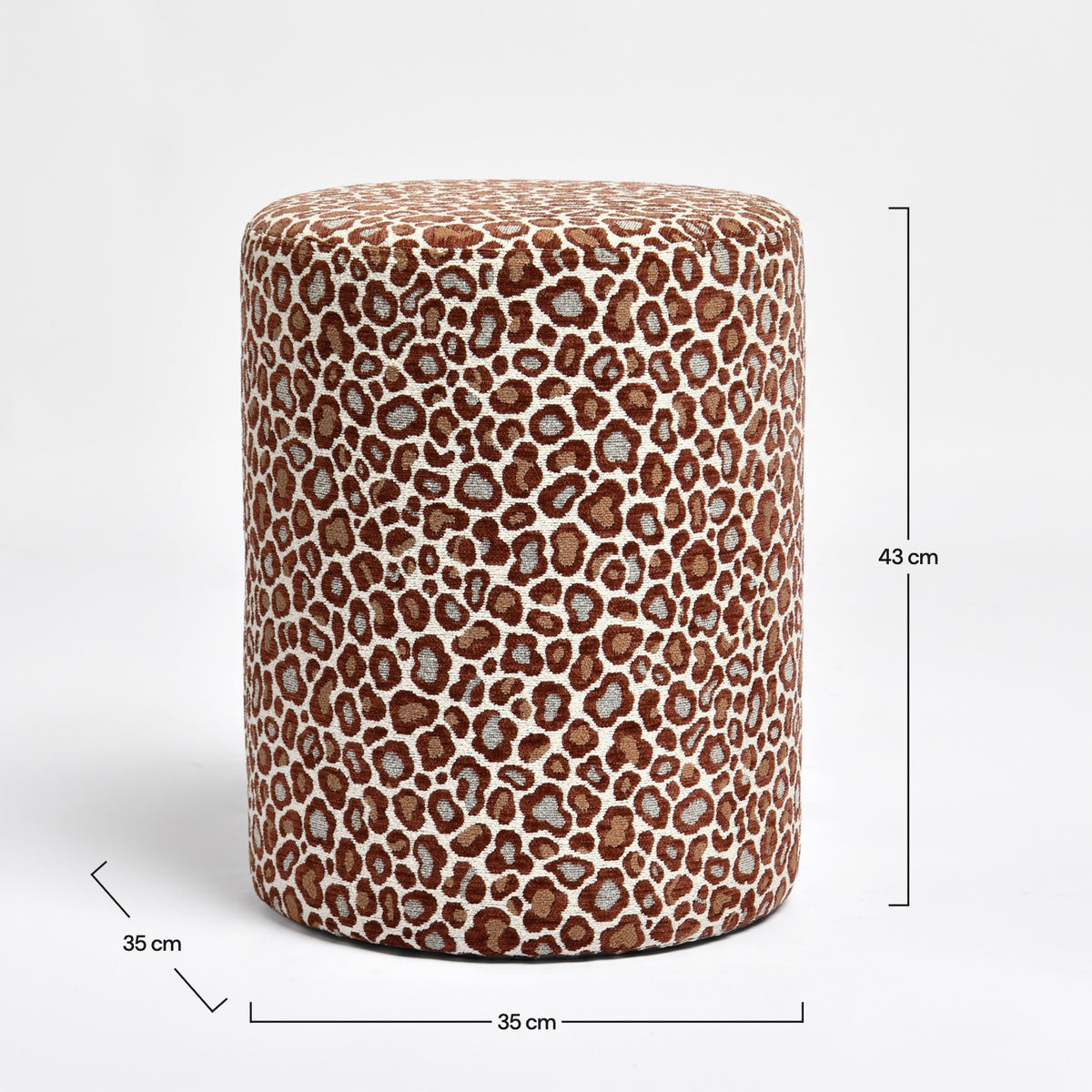 Dimensions du pouf Lily rond en tissu motif léopard bordeaux - Maison Pavane
