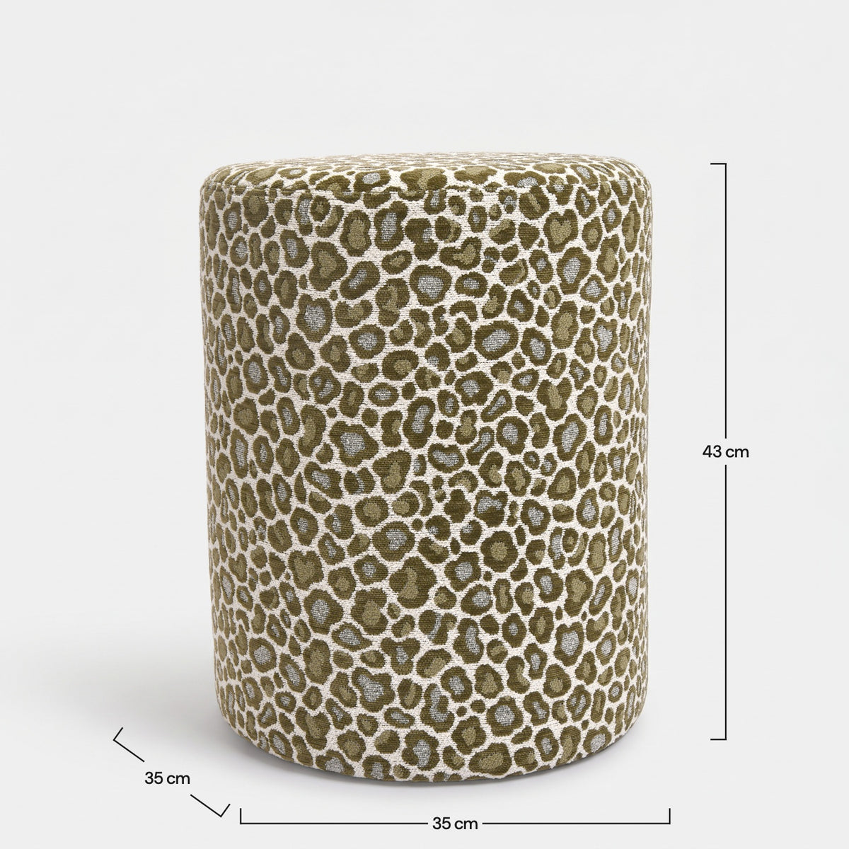 Dimensions du pouf Lily rond en tissu motif léopard kaki - Maison Pavane