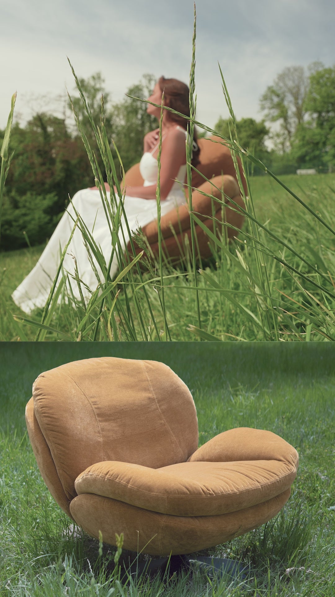 Vidéo d'un fauteuil lounge velours ocre style rétro posé dans un jardin verdoyant, ambiance naturelle et lumineuse – Maison Pavane