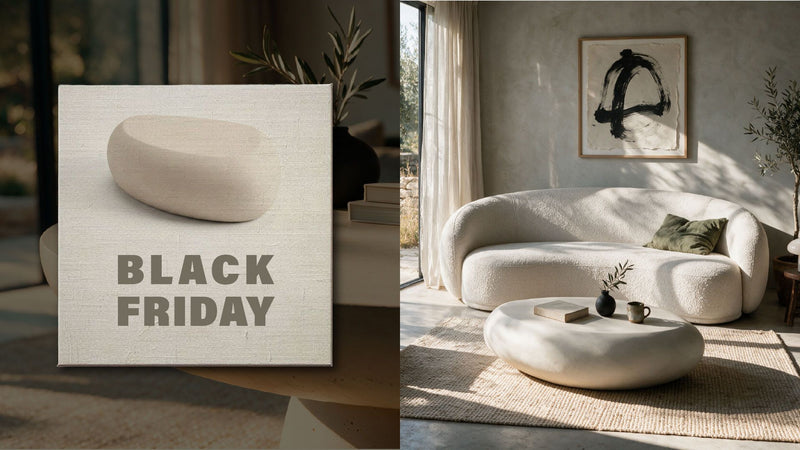 Table basse ronde effet béton et canapé bouclé écru dans un salon lumineux, bannière vidéo Black Friday – Maison Pavane