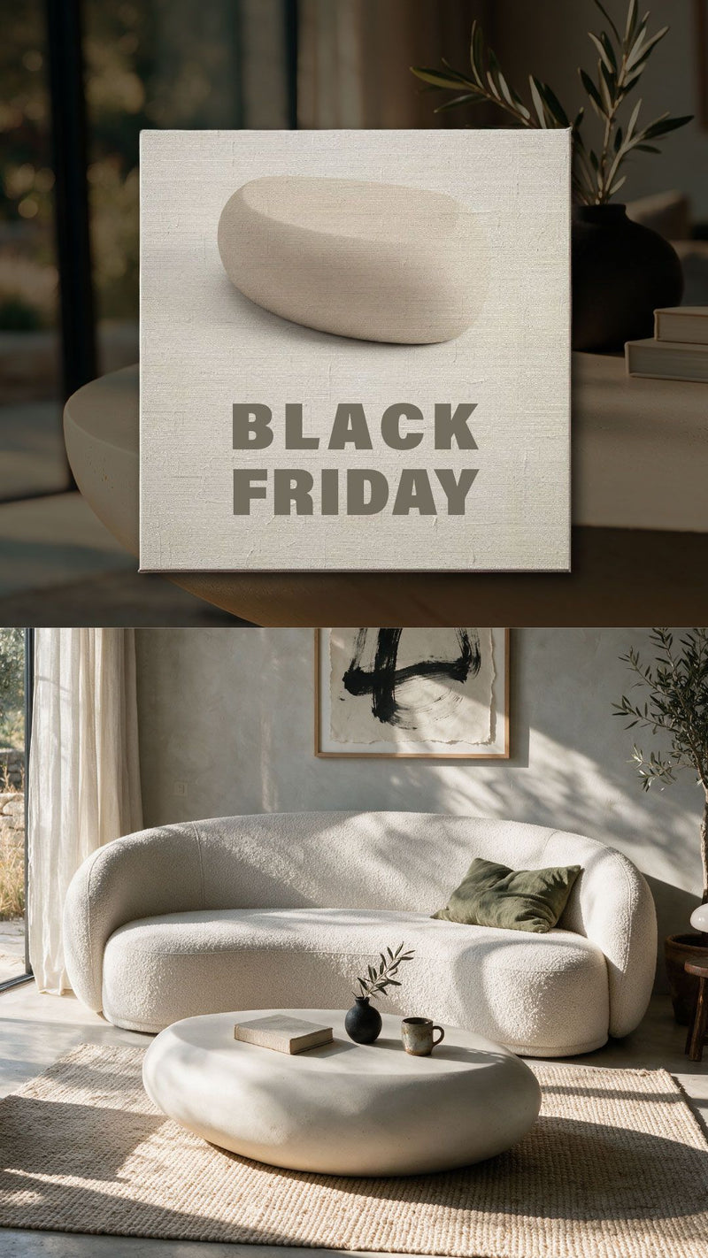 Table basse ronde effet béton et canapé bouclé écru dans un salon lumineux, bannière vidéo Black Friday – Maison Pavane
