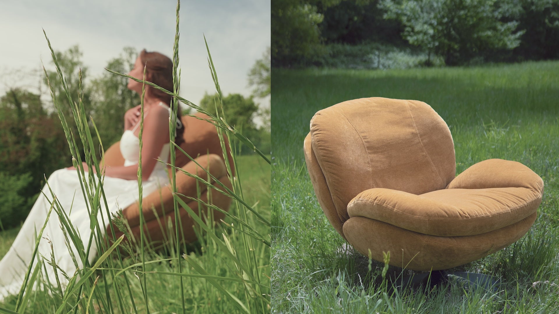 Vidéo d'un fauteuil lounge velours ocre style rétro posé dans un jardin verdoyant, ambiance naturelle et lumineuse – Maison Pavane