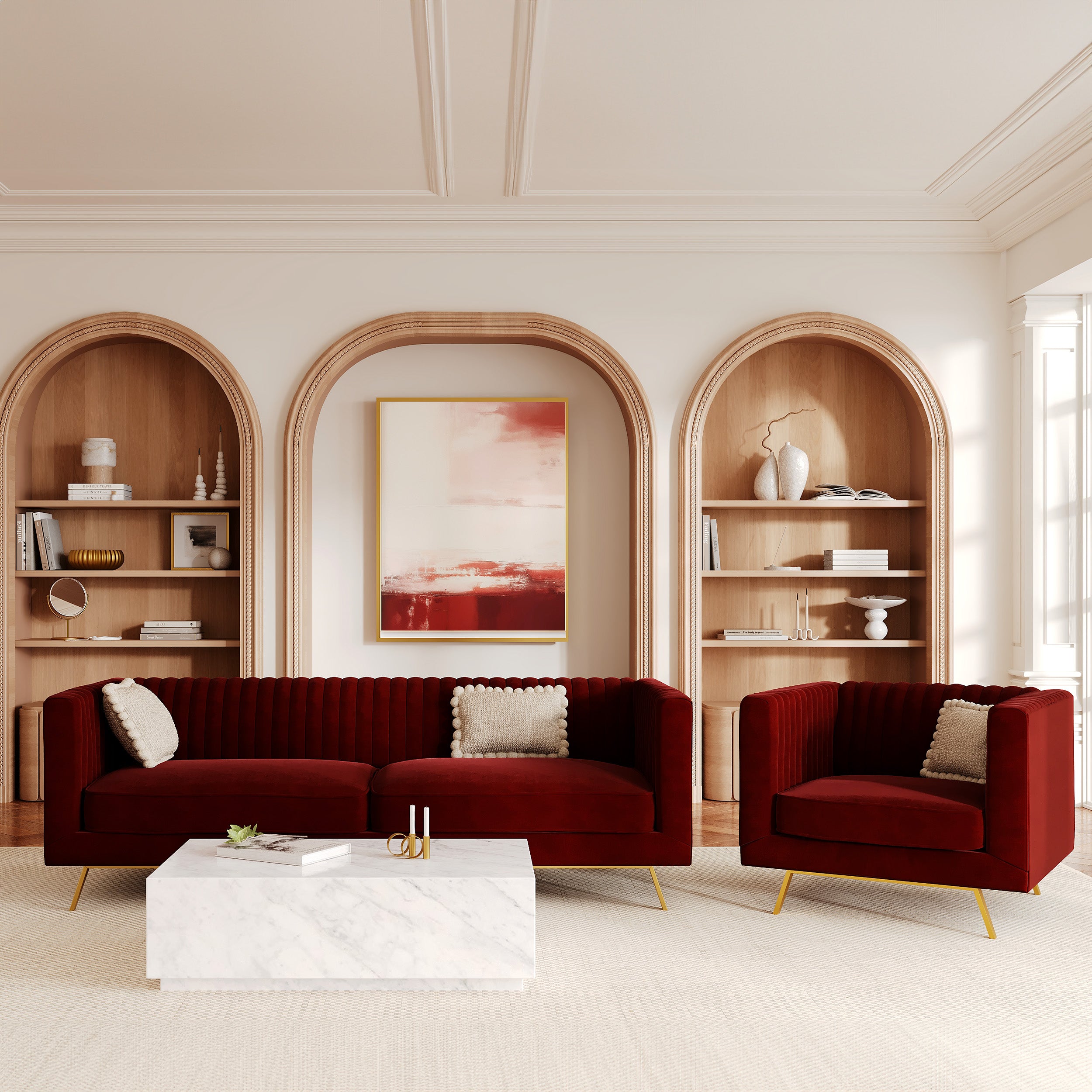 Velours bordeaux fauteuil pieds dorés élégant