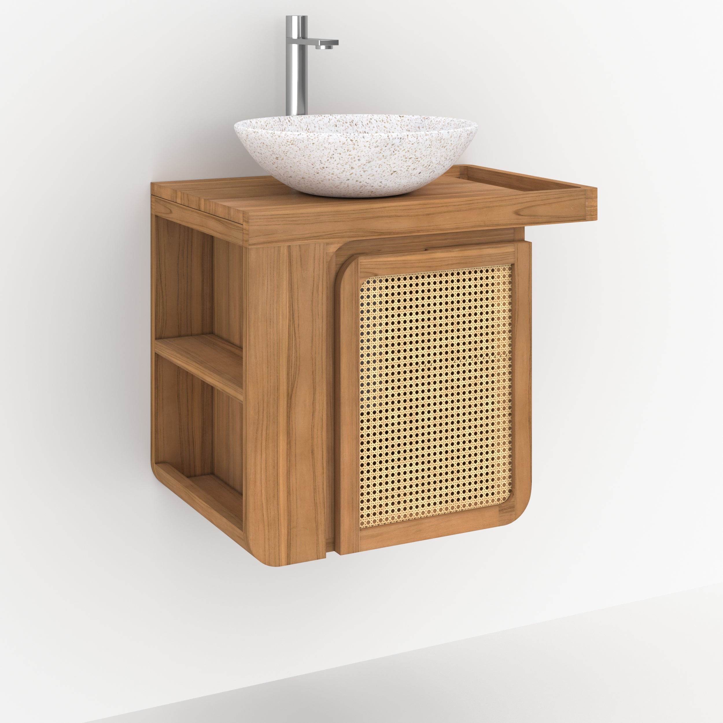 salle de bain meuble suspendu dami en bois de teck et cannage rangement