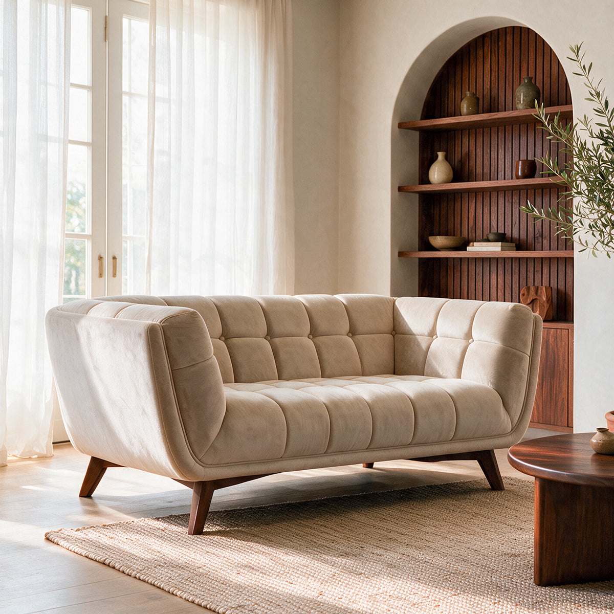 Salon canapé velours beige Mona 2 personnes – Maison Pavane