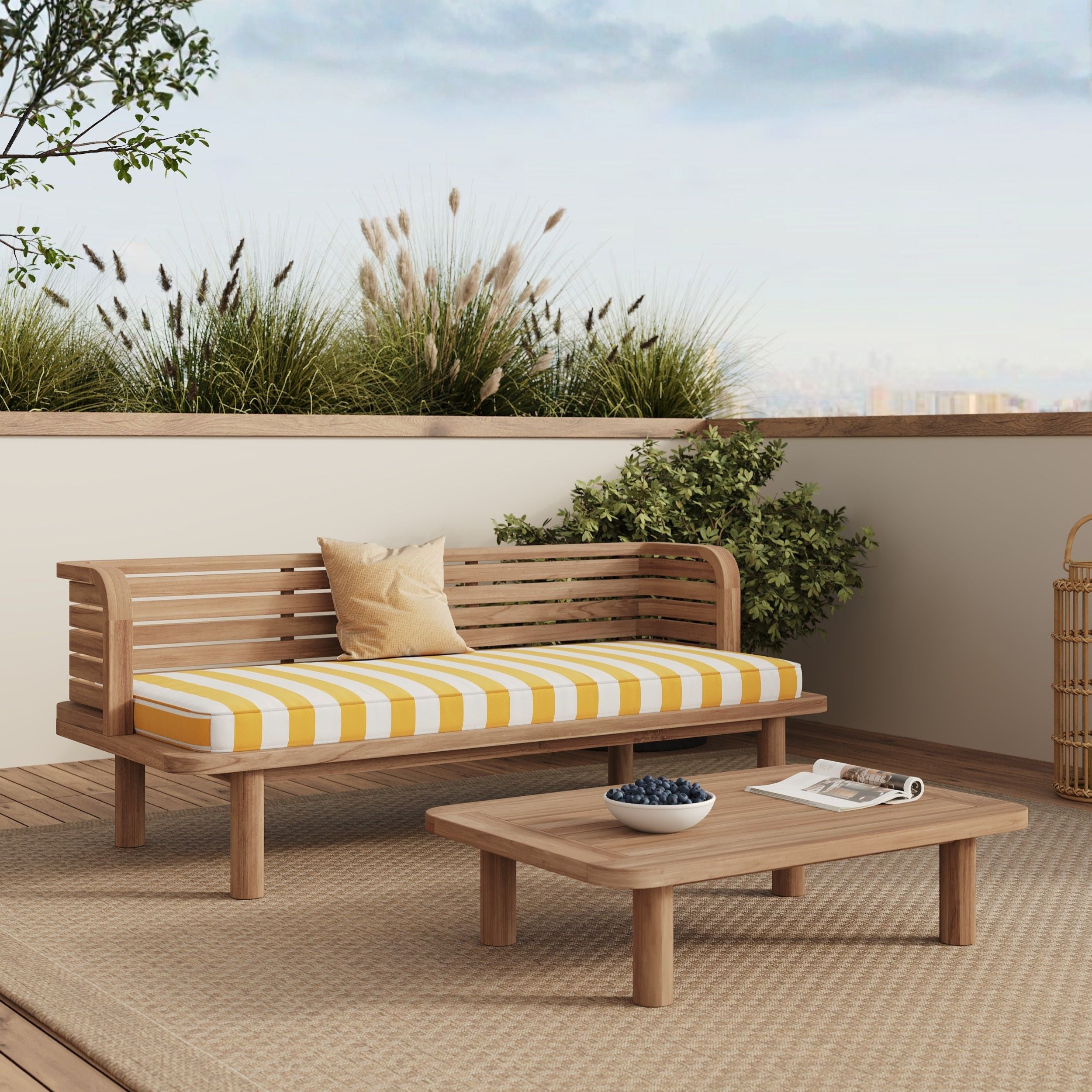 Salon de jardin bois et tissu rayé jaune