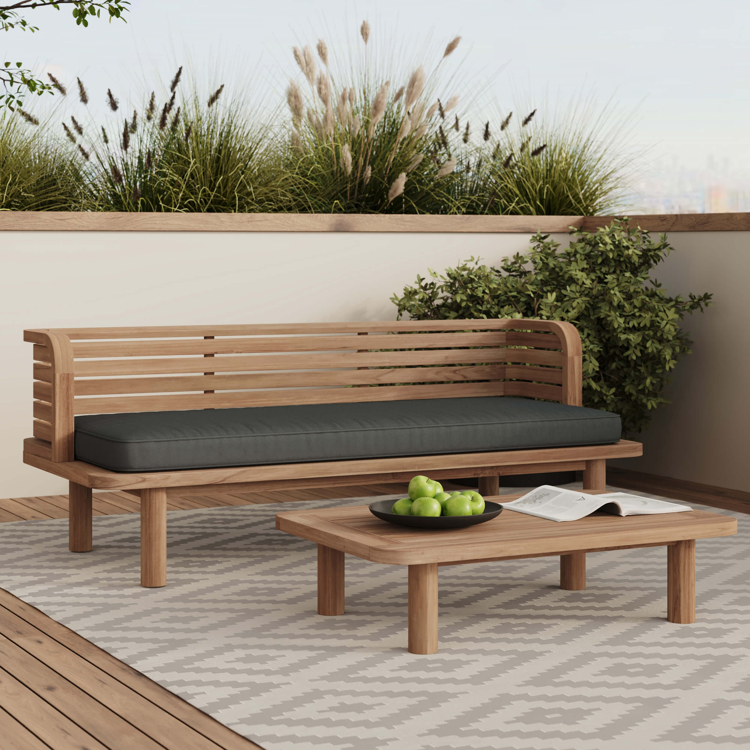 Salon de jardin canapé fauteuil gris et bois
