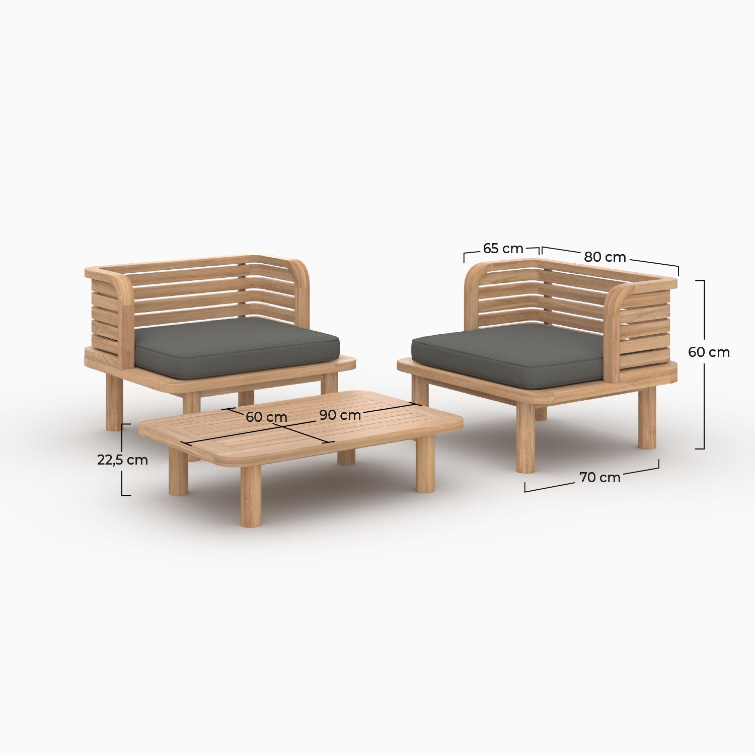 Salon de jardin en teck et tissu gris Kilda 2 places deux fauteuils