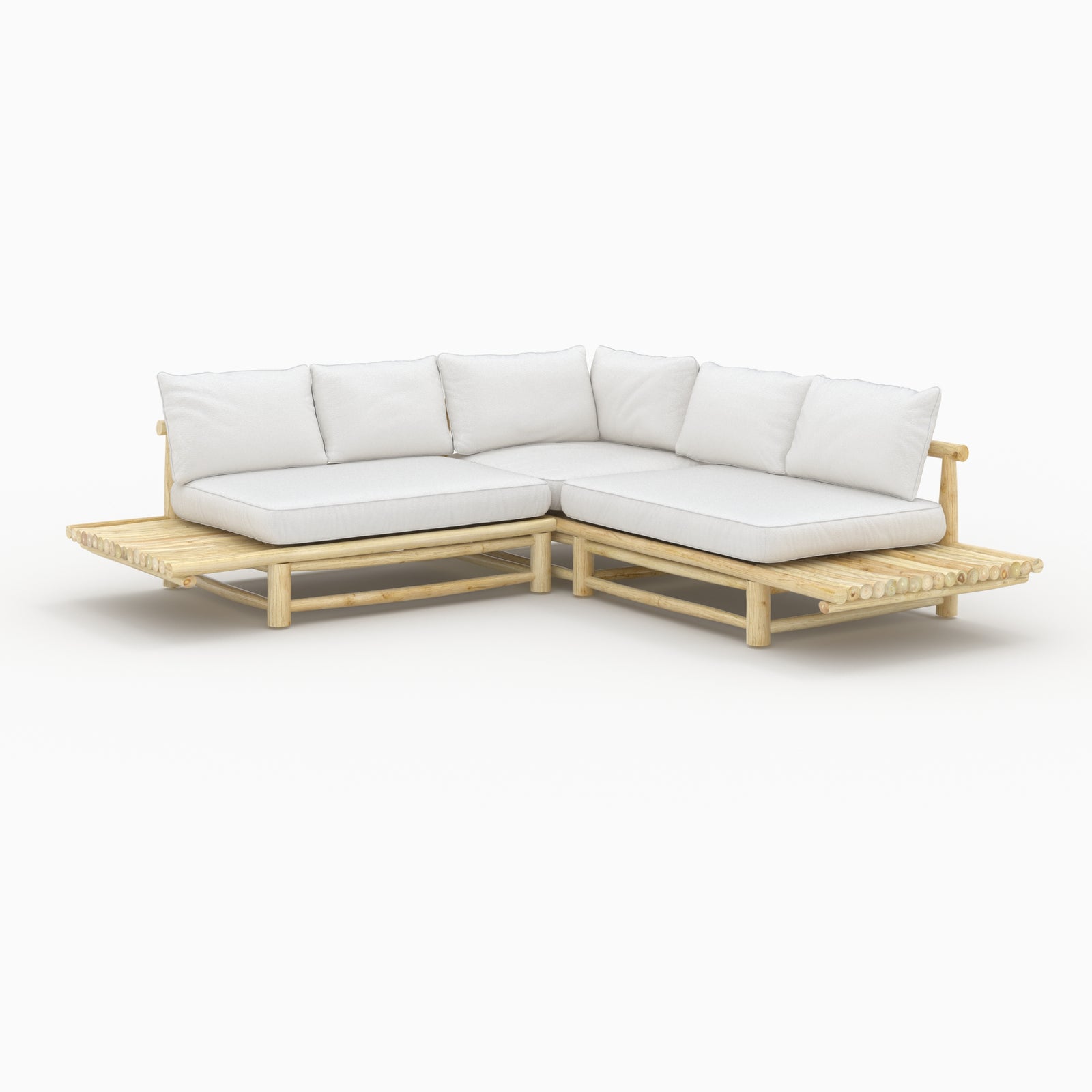 salon de jardin imani en bois de teck canape d angle table basse ronde fond beige