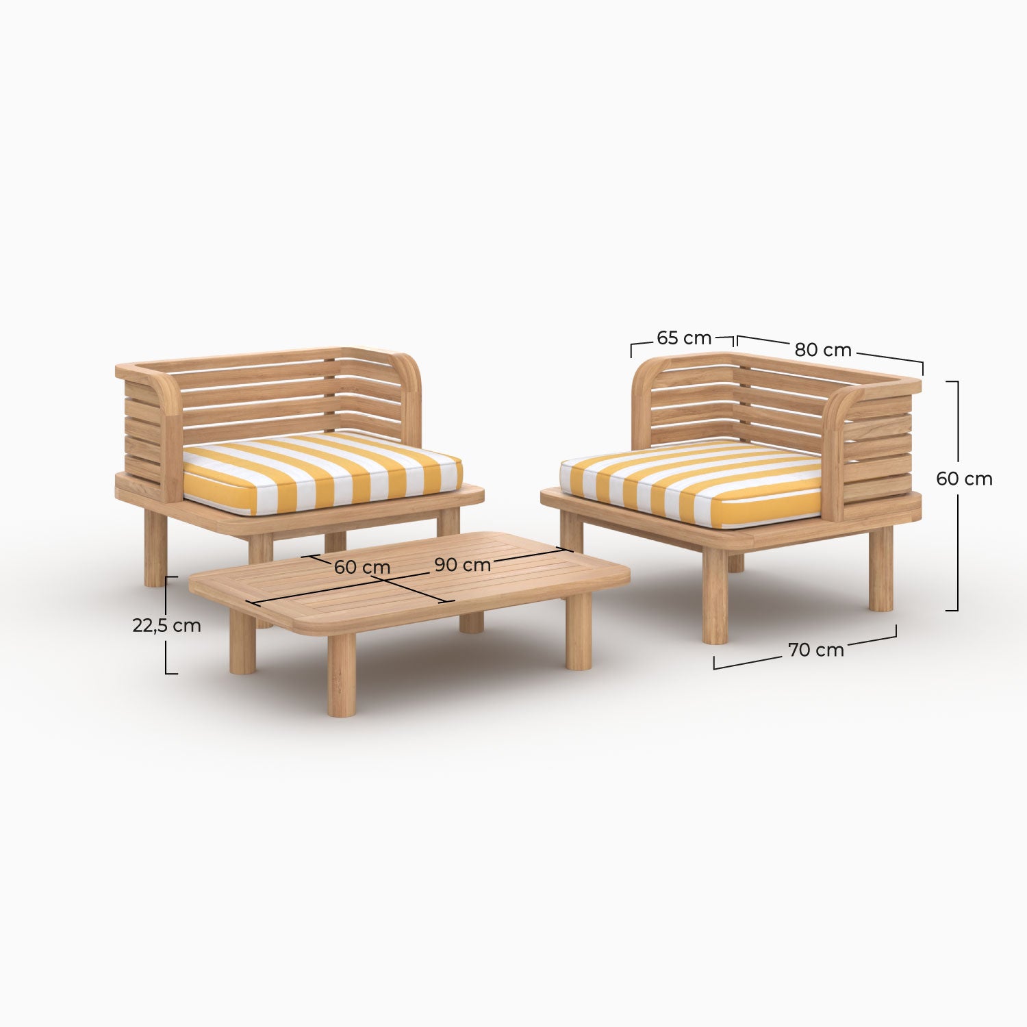 Salon de jardin rayé jaune et teck Kilda 2 places 2 fauteuils