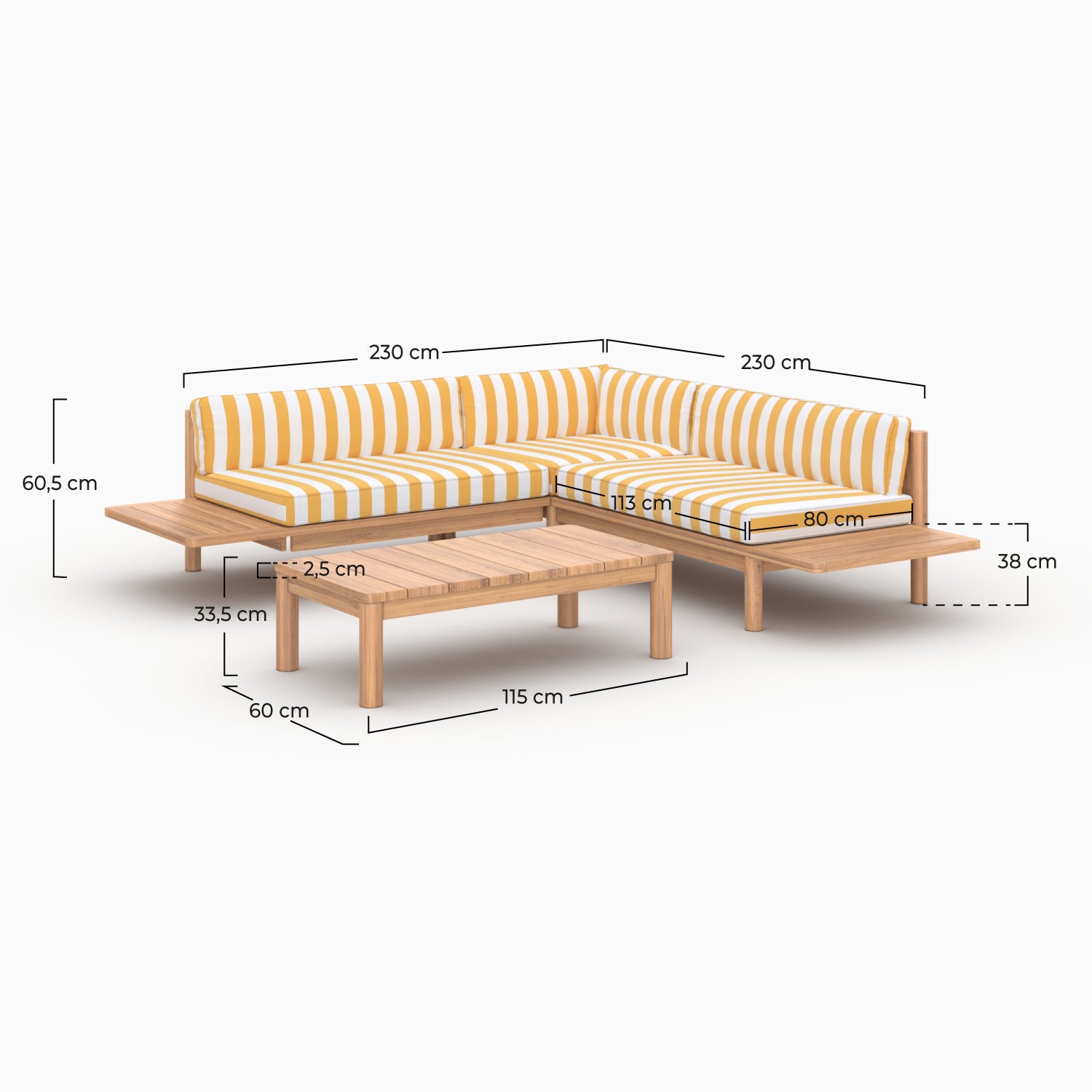 Salon extérieur teck massif Nadila 4 places jaune rayé 2