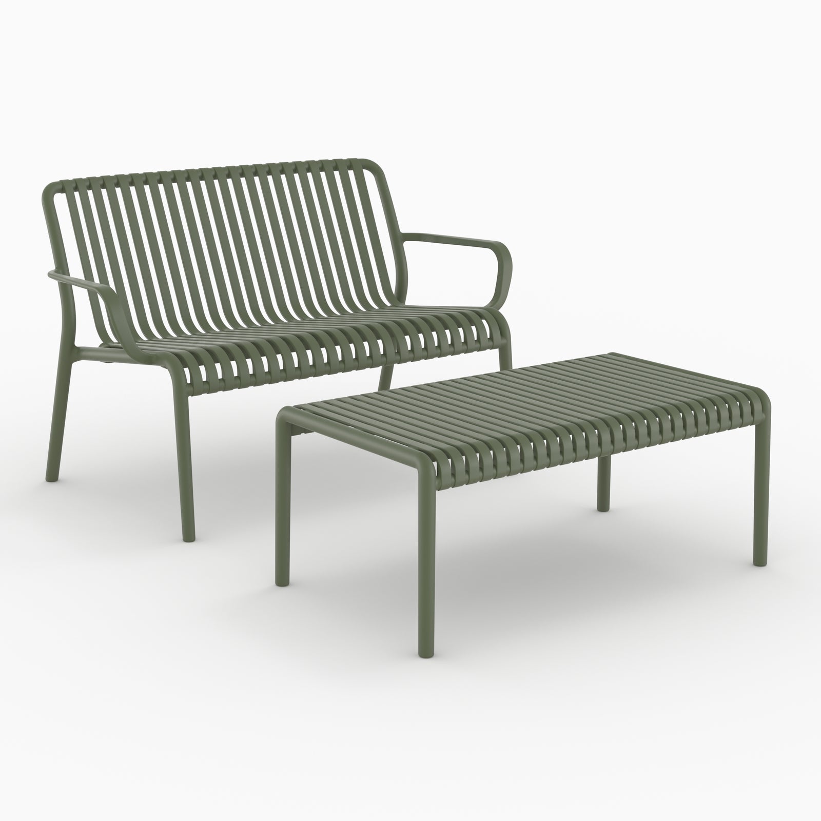 Salon jardin 2 places Ivy plastique vert kaki ensemble vue perspective