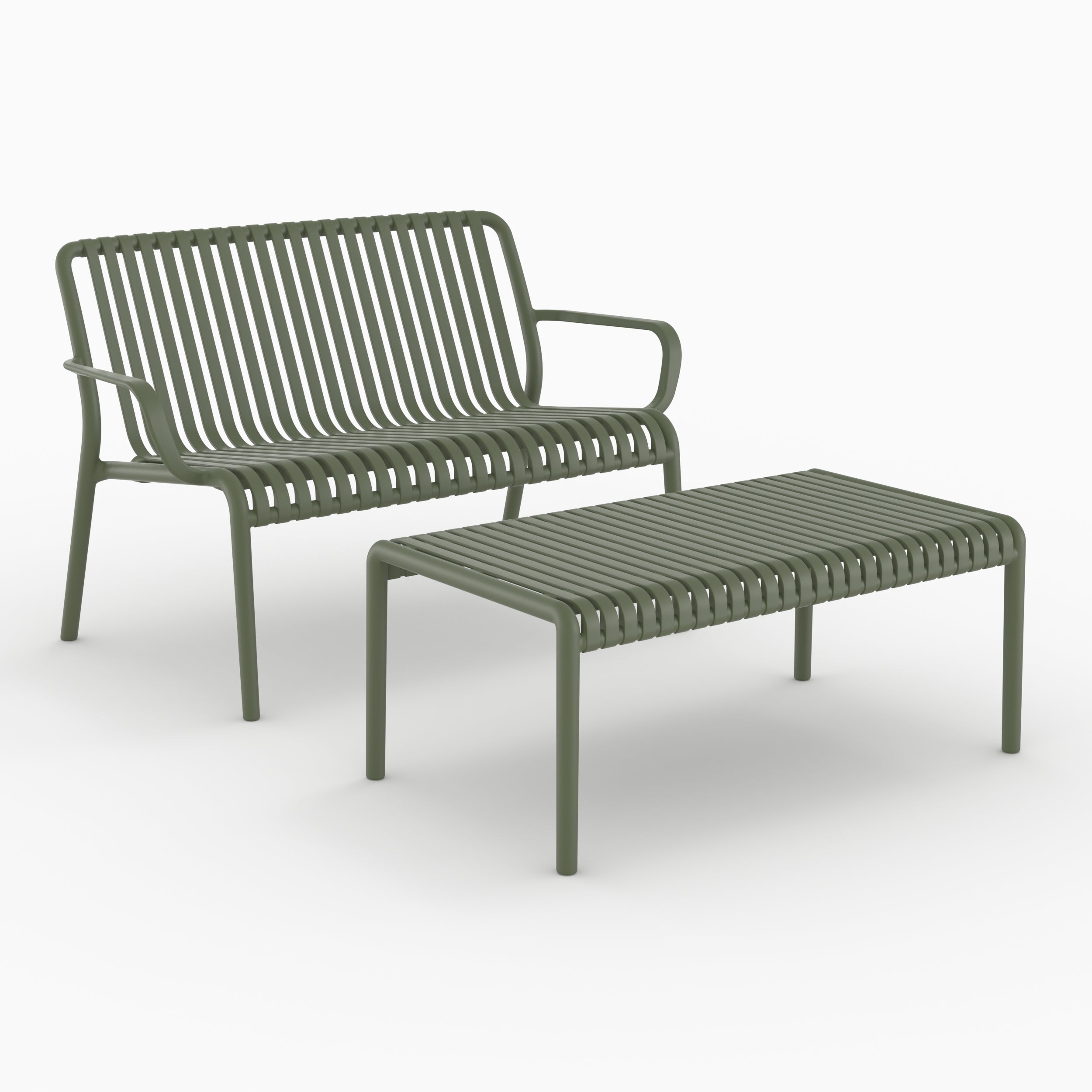 Salon jardin 2 places Ivy plastique vert kaki ensemble vue perspective