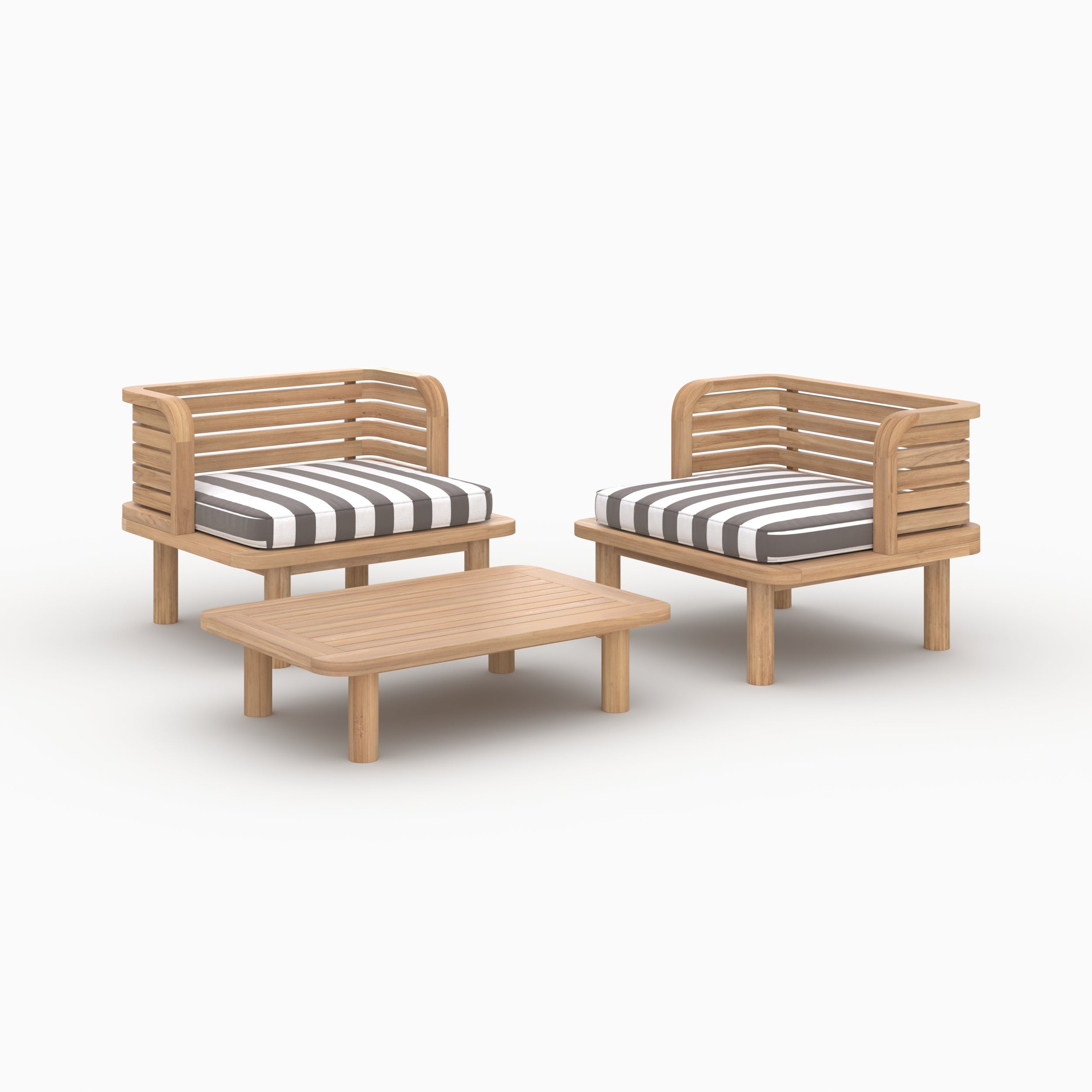 Salon jardin 2 places Kilda en teck avec fauteuils tissu gris rayé