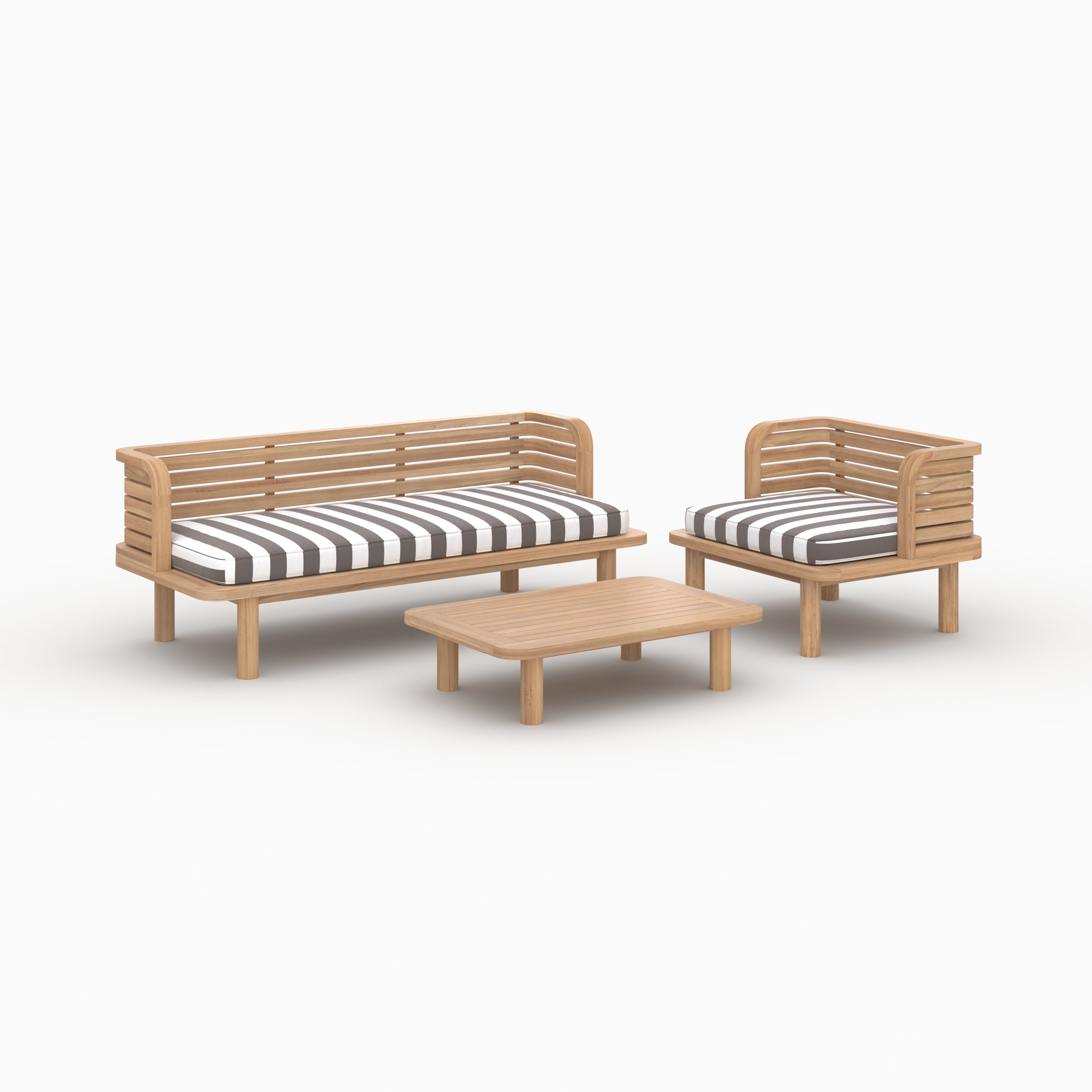 Salon jardin 3 places Kilda bois teck tissu gris rayé