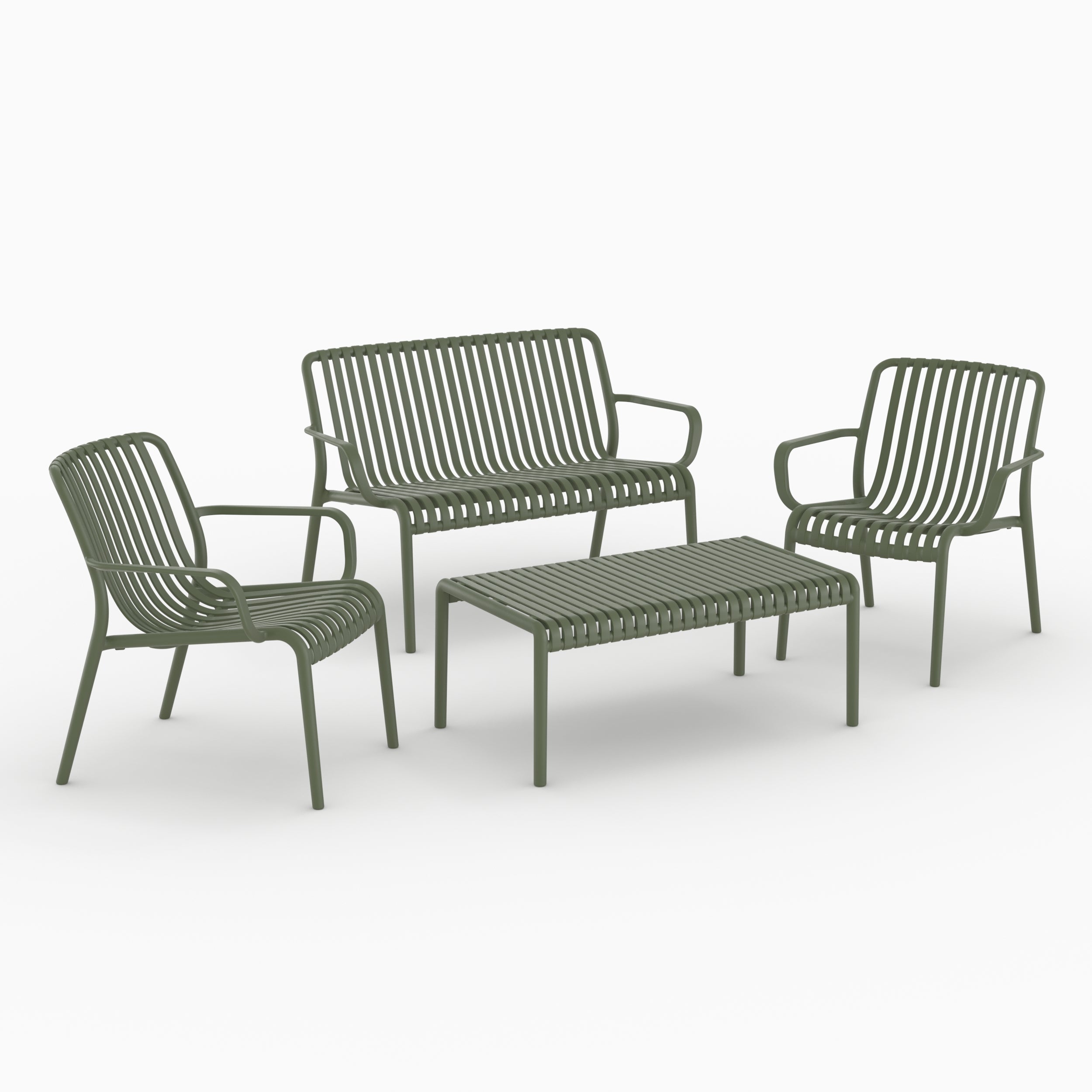 Salon jardin 4 places Ivy plastique vert kaki ensemble vue perspective