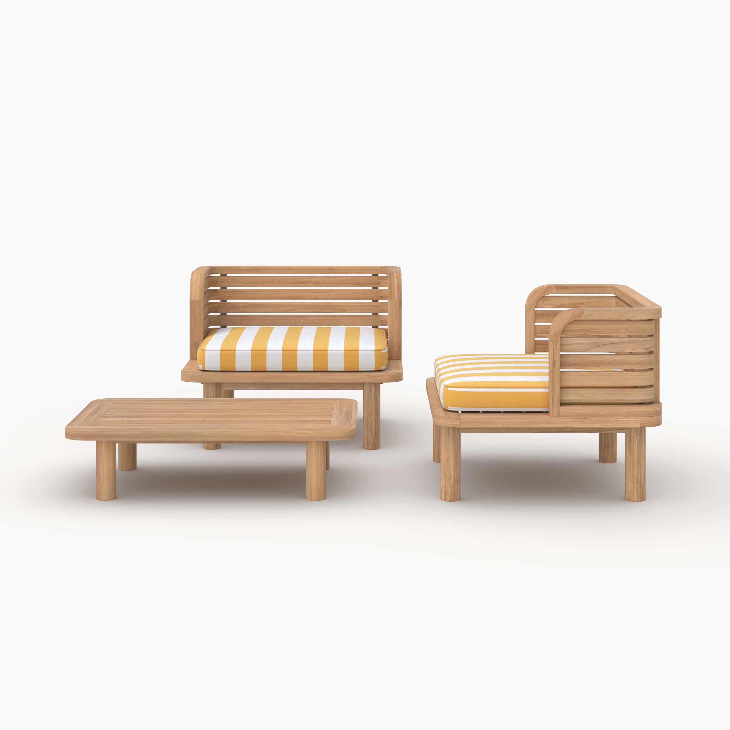 Salon jardin bois de teck Kilda tissu rayé jaune 2 places 2 fauteuils