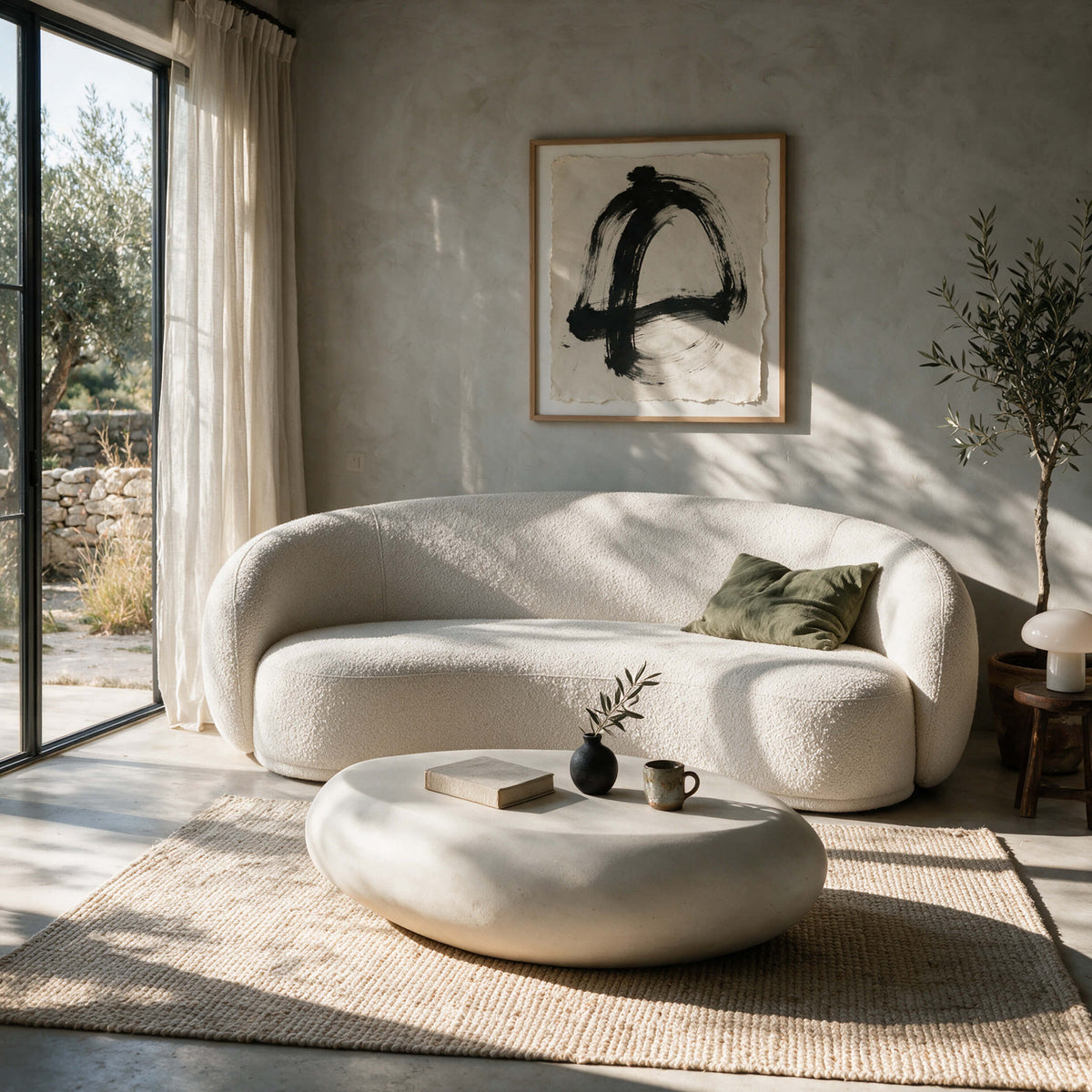 Salon minimaliste avec table basse effet béton beige et canapé bouclé écru – Maison Pavane