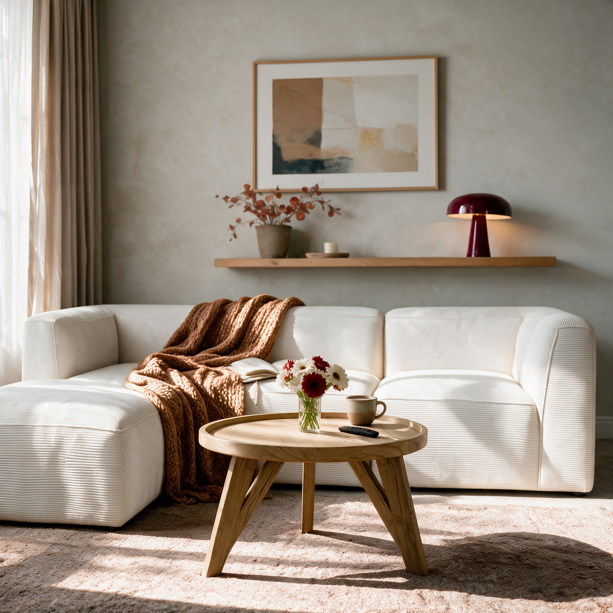 Salon table basse ronde en bois canapé velours blanc – Maison Pavane
