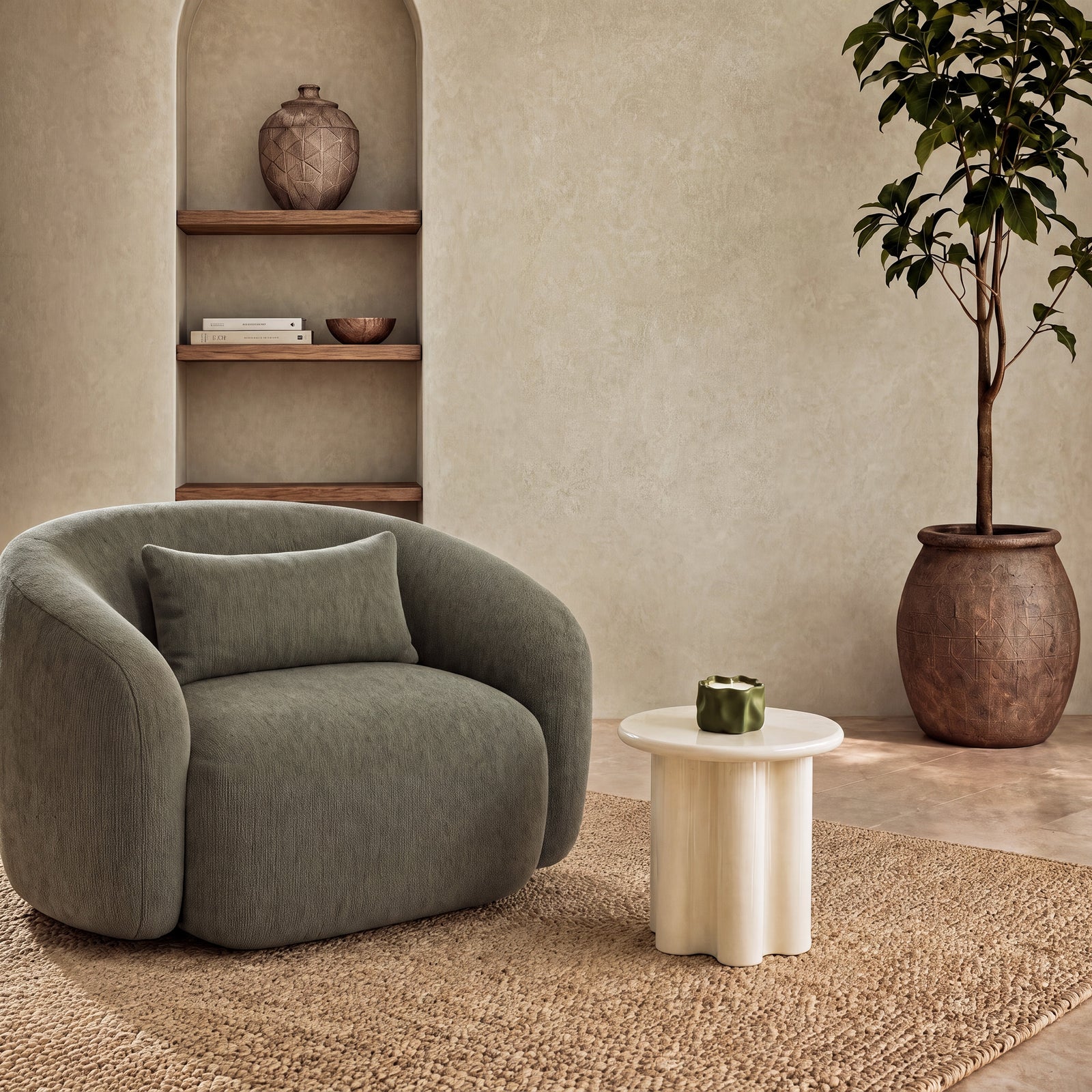 salon contemporain chaleureux boheme style organique table d'appoint Olya