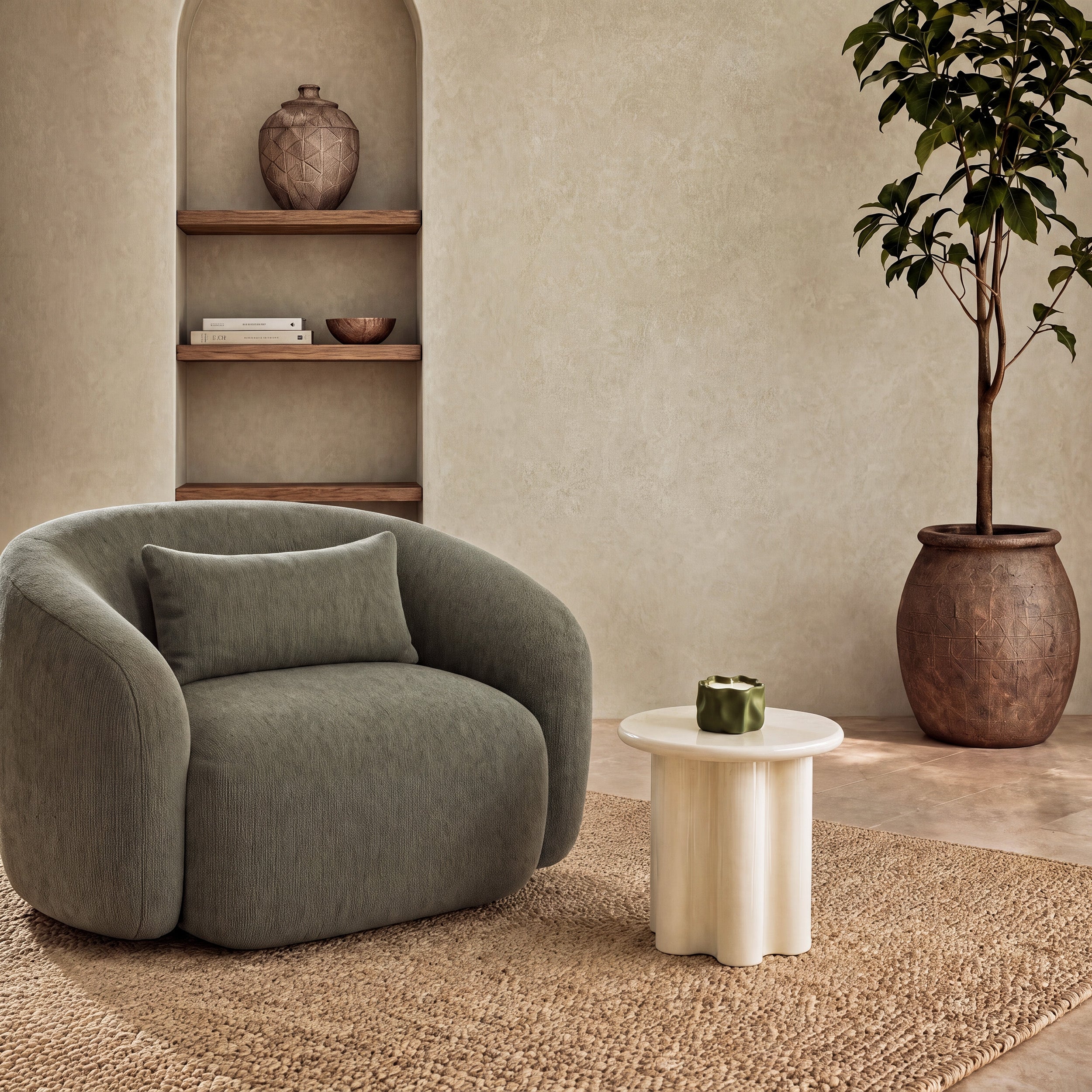 salon contemporain chaleureux boheme style organique table d'appoint Olya